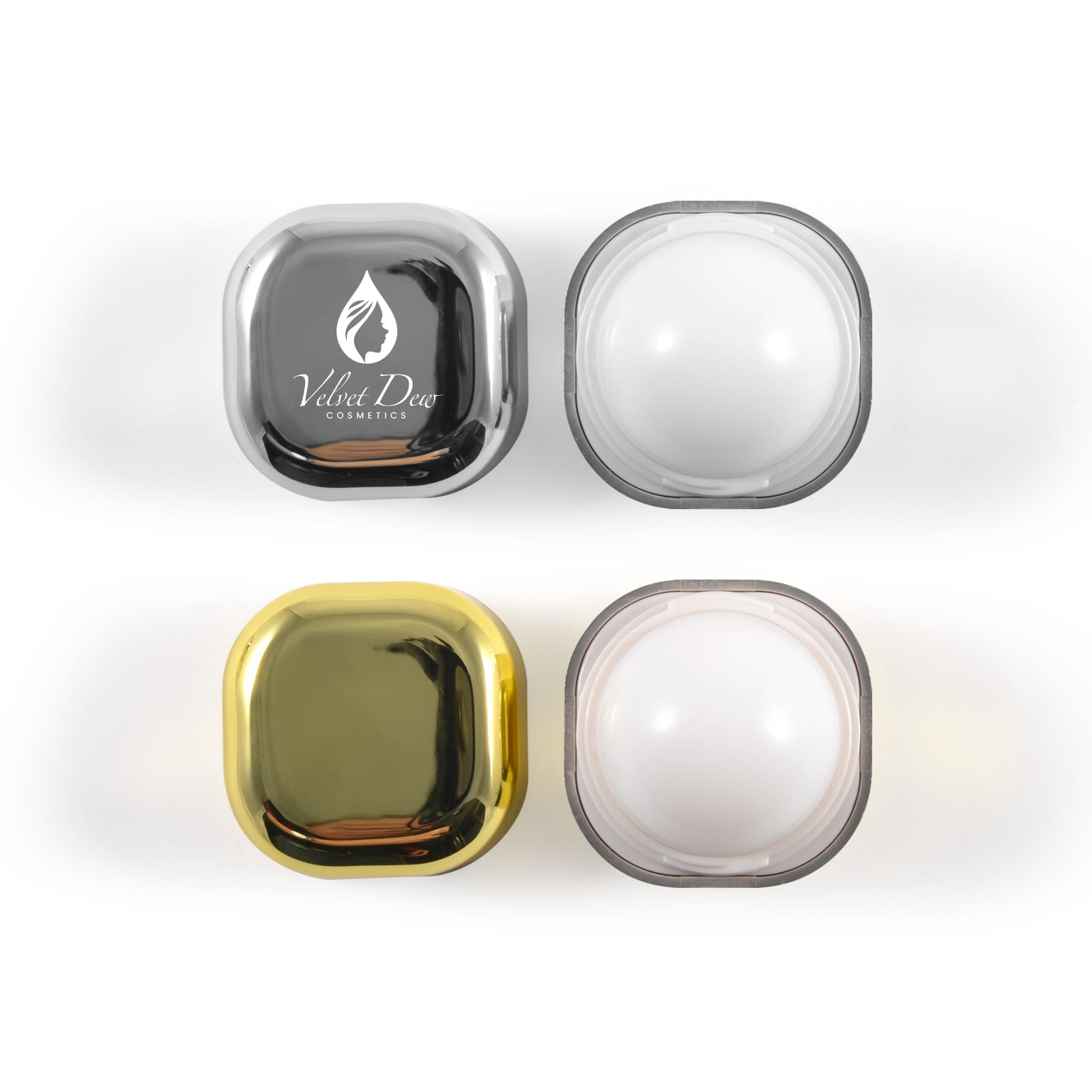 Two sets of square lip balm containers, one silver and black, one gold and white, with a logo on the silver container. Ritz Cube Lip Balm - Image 1