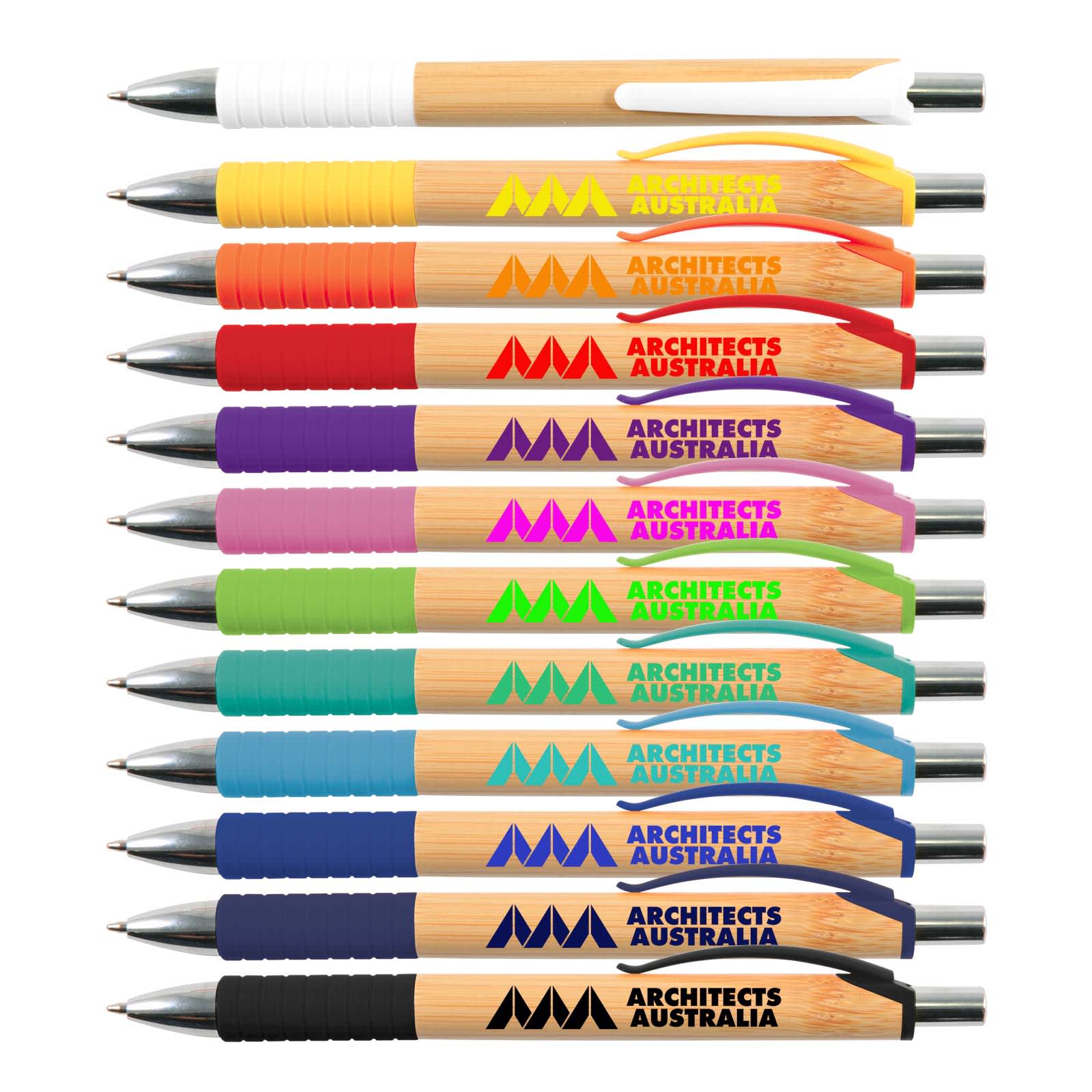A collection of bamboo pens in various colors, featuring white, yellow, purple, green, and blue grips. Each pen has a logo. Hornet Bamboo Pen - Image 1