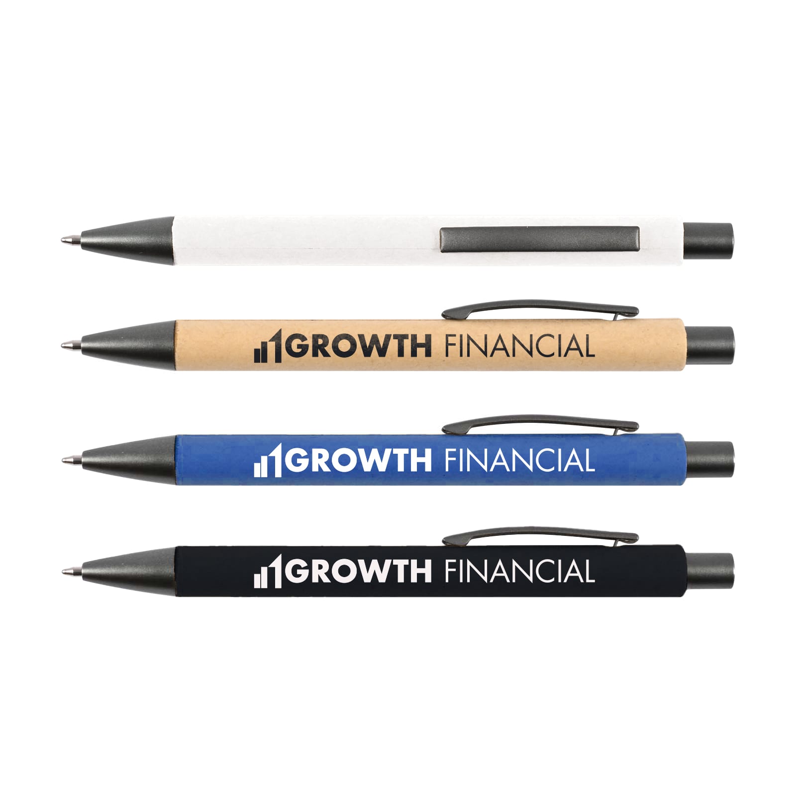 A set of four Aspen Paper Pens in white, kraft, blue, and black, each with a logo. Aspen Paper Pen - Image 1