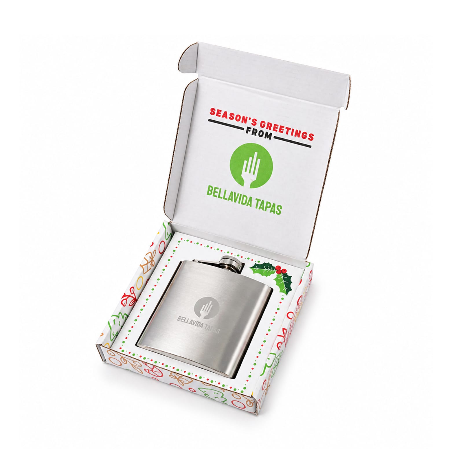 A hip flask in a festive box featuring a logo, with a silver finish and holiday-themed packaging. Elite Gift Set with Hip Flask - Image 1