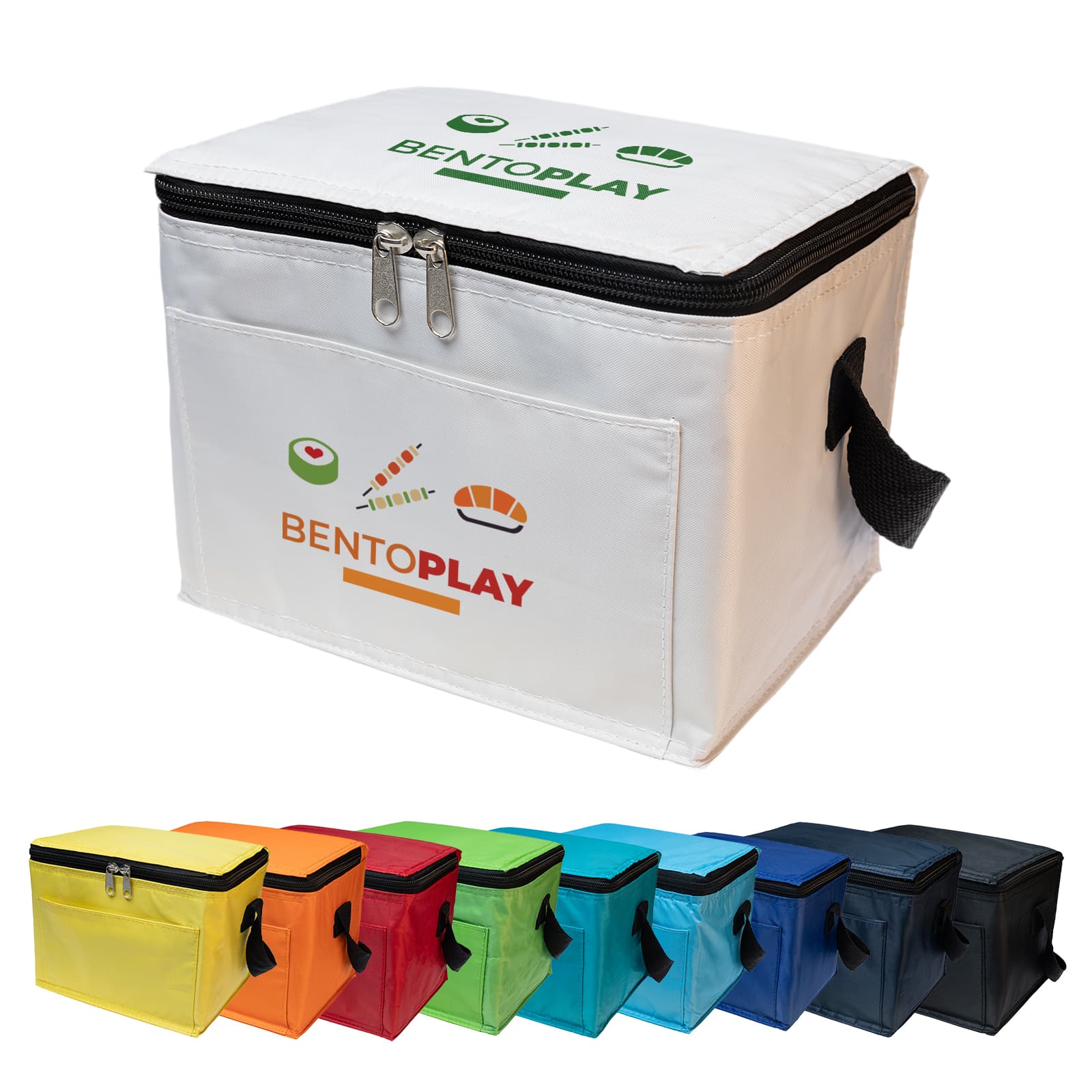 A white cooler bag with a logo, featuring a zippered closure and a black handle. Seven colorful bags in various shades are below. Alpine Cooler Bag - Image 1