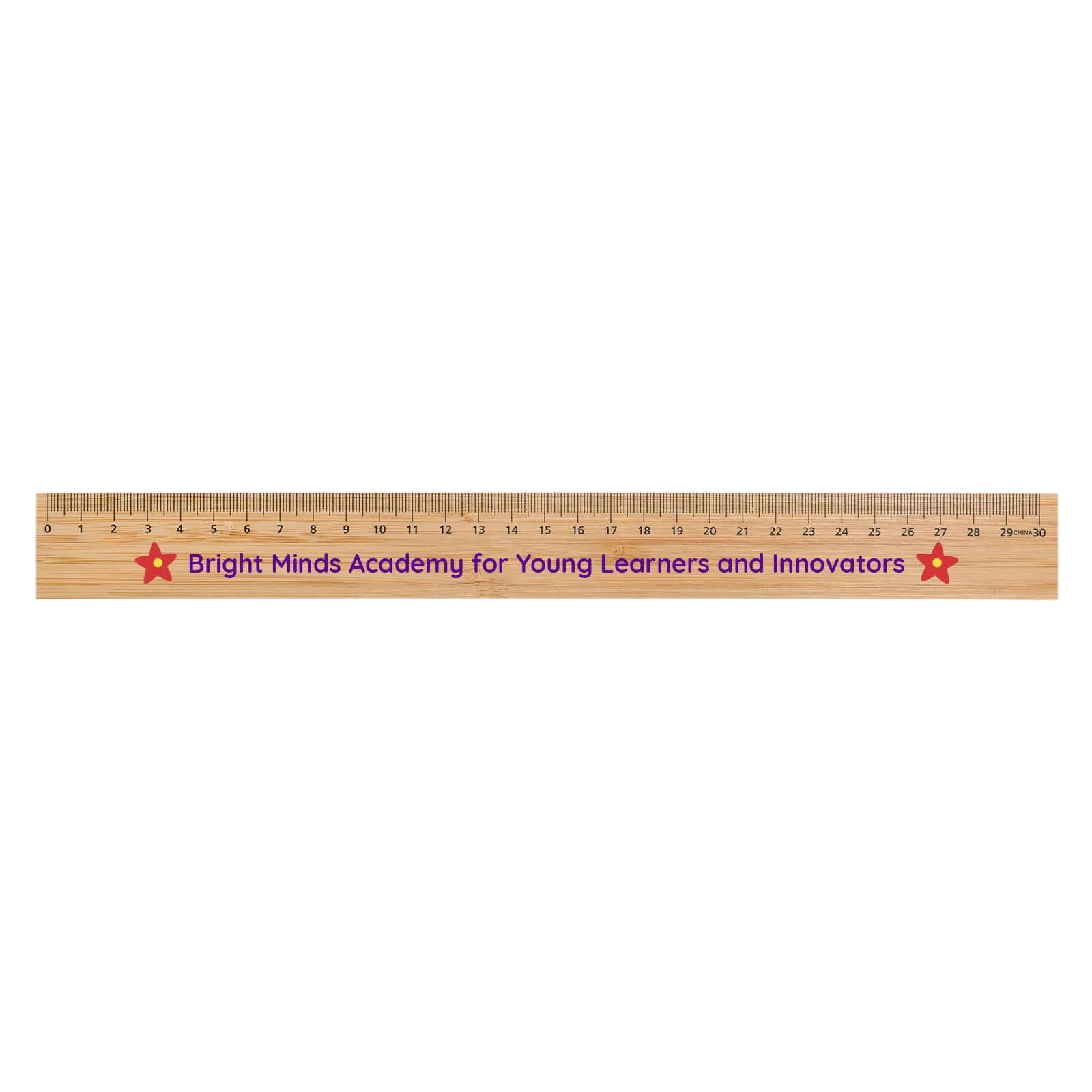A bamboo 30cm ruler featuring a logo and red star accents. Wood finish with measurement markings in black. Bamboo 30cm Ruler - Image 1