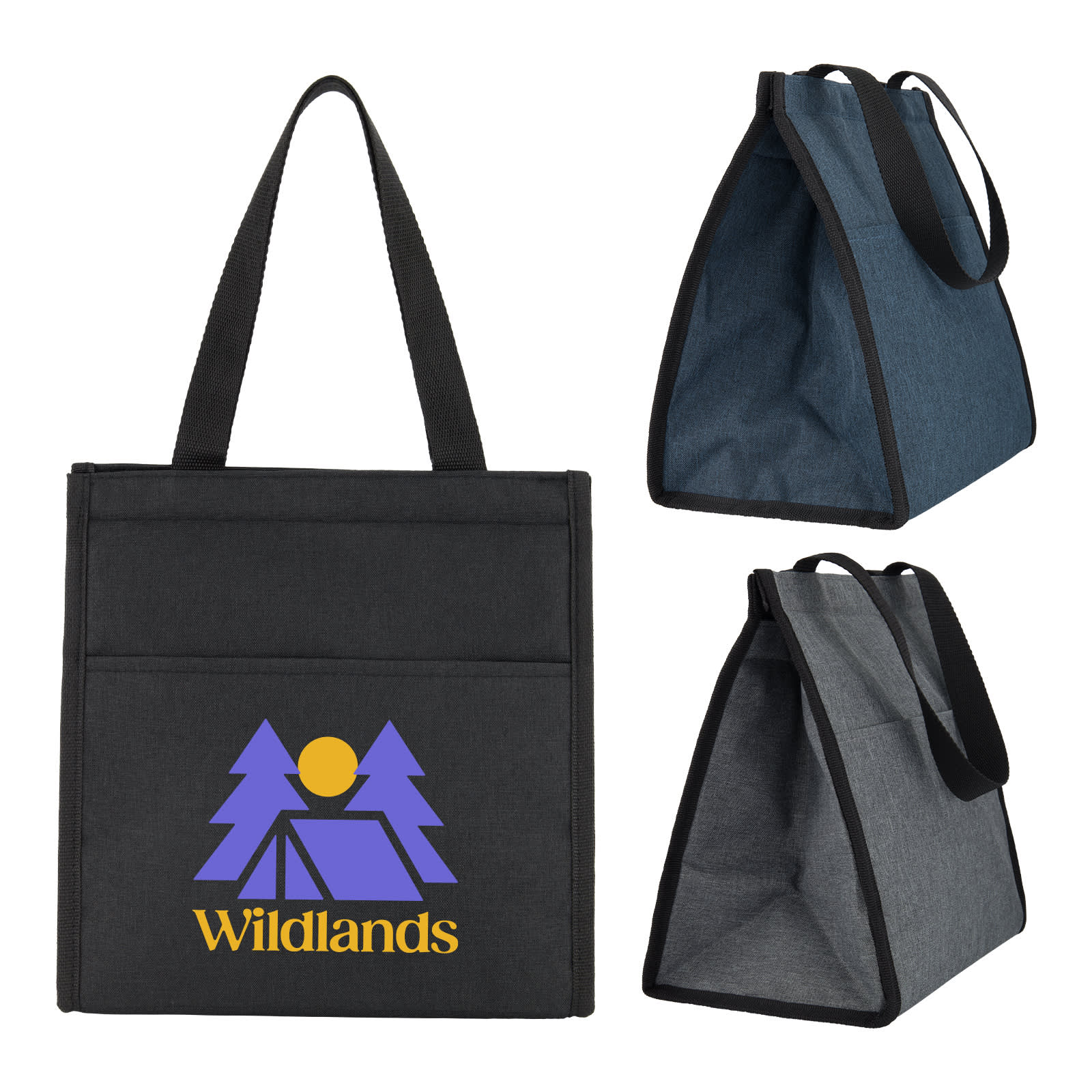 A black cooler bag with a logo, featuring grey and denim options, showcasing sturdy handles and a spacious interior. Apex Cooler Bag - Image 1
