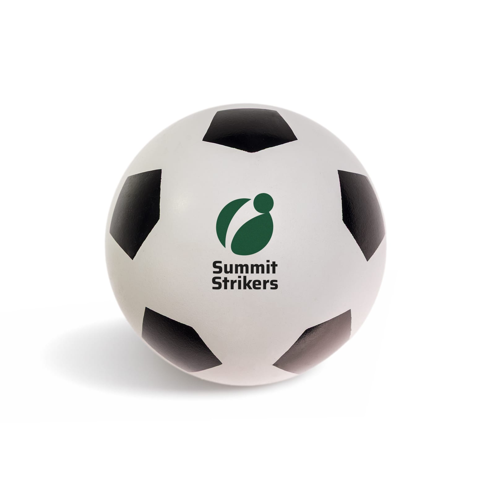 A white soccer ball with black pentagon panels and a logo featuring a green design. Hi Bounce Soccer Ball - Image 1