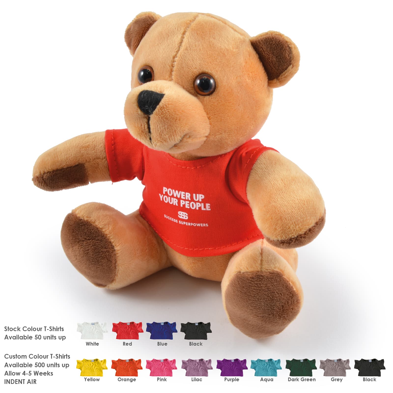 A fluffy tan teddy bear wearing a red T-shirt, sitting upright against a white background. Includes branding on the shirt. Honey Plush Teddy Bear - Image 1