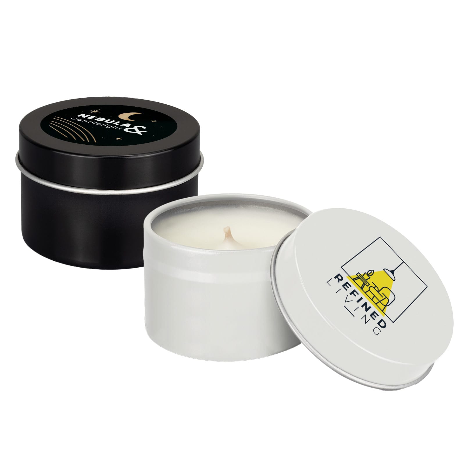 A set of two petite candles in tin containers, one black with a celestial design and the other white with a logo. Petite Candle in Tin - Image 1