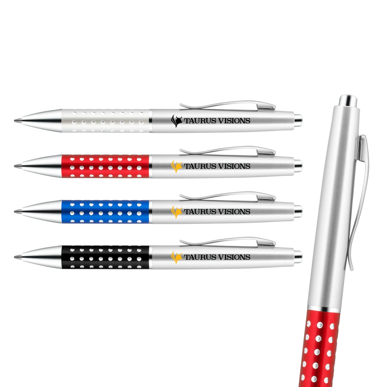 A selection of metal pens in white, red, blue, black, and silver with a dotted design and a logo. Bling Pen - Image 1