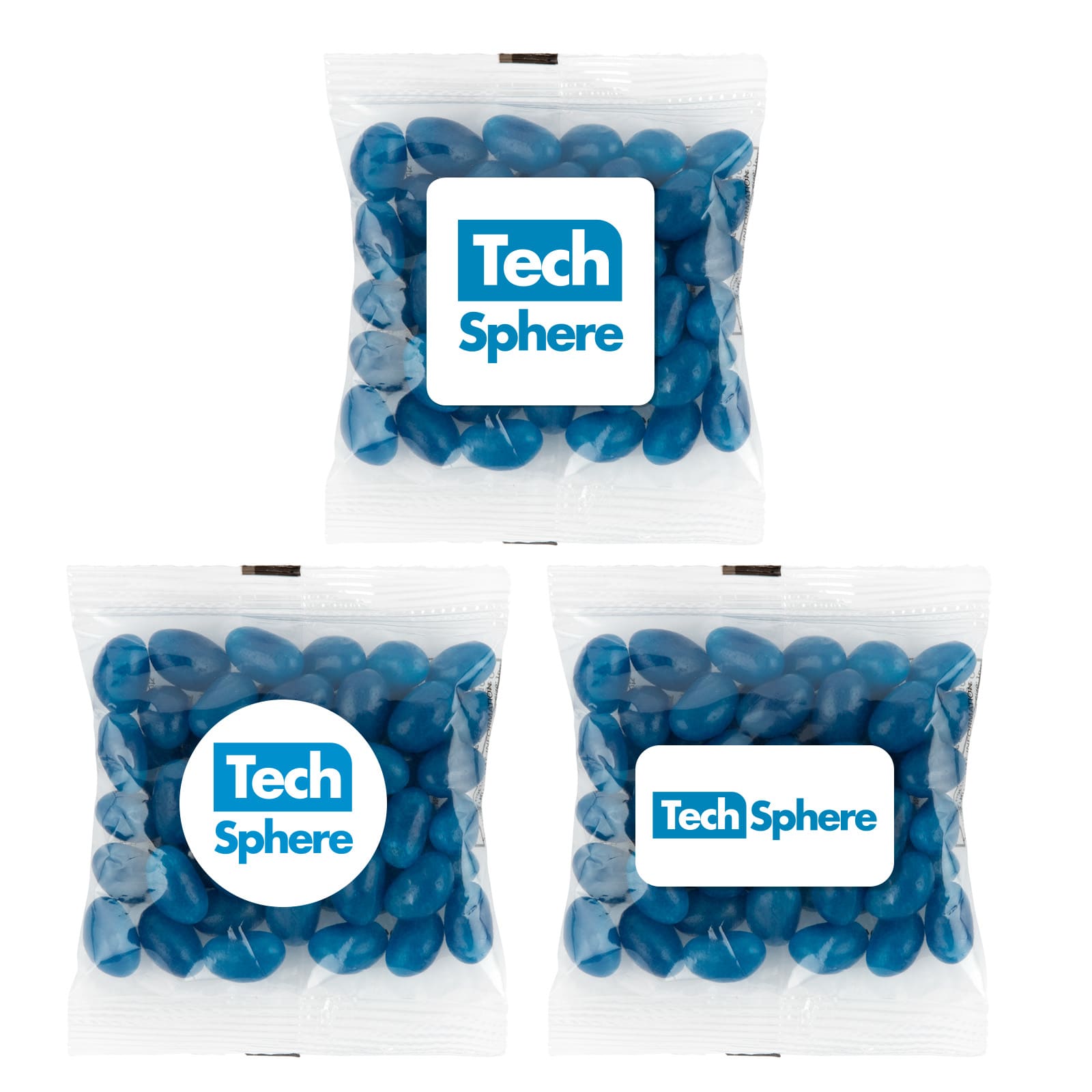 A clear bag containing blue mini jelly beans with a logo on the front. Three bags displayed together. Corporate Colour Mini Jelly Beans in 50 Gram Cello Bag - Image 1