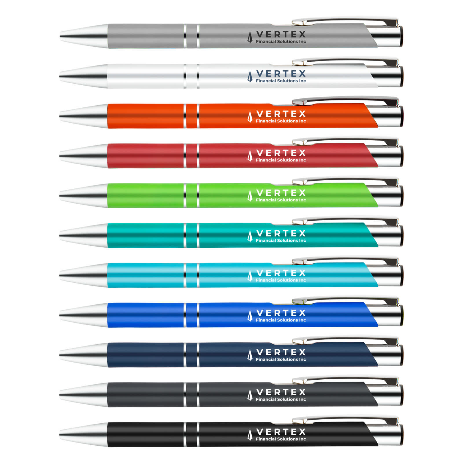 A collection of metal pens in various colors, including gray, white, orange, green, blue, and black, featuring a logo. Napier Pen - Image 1