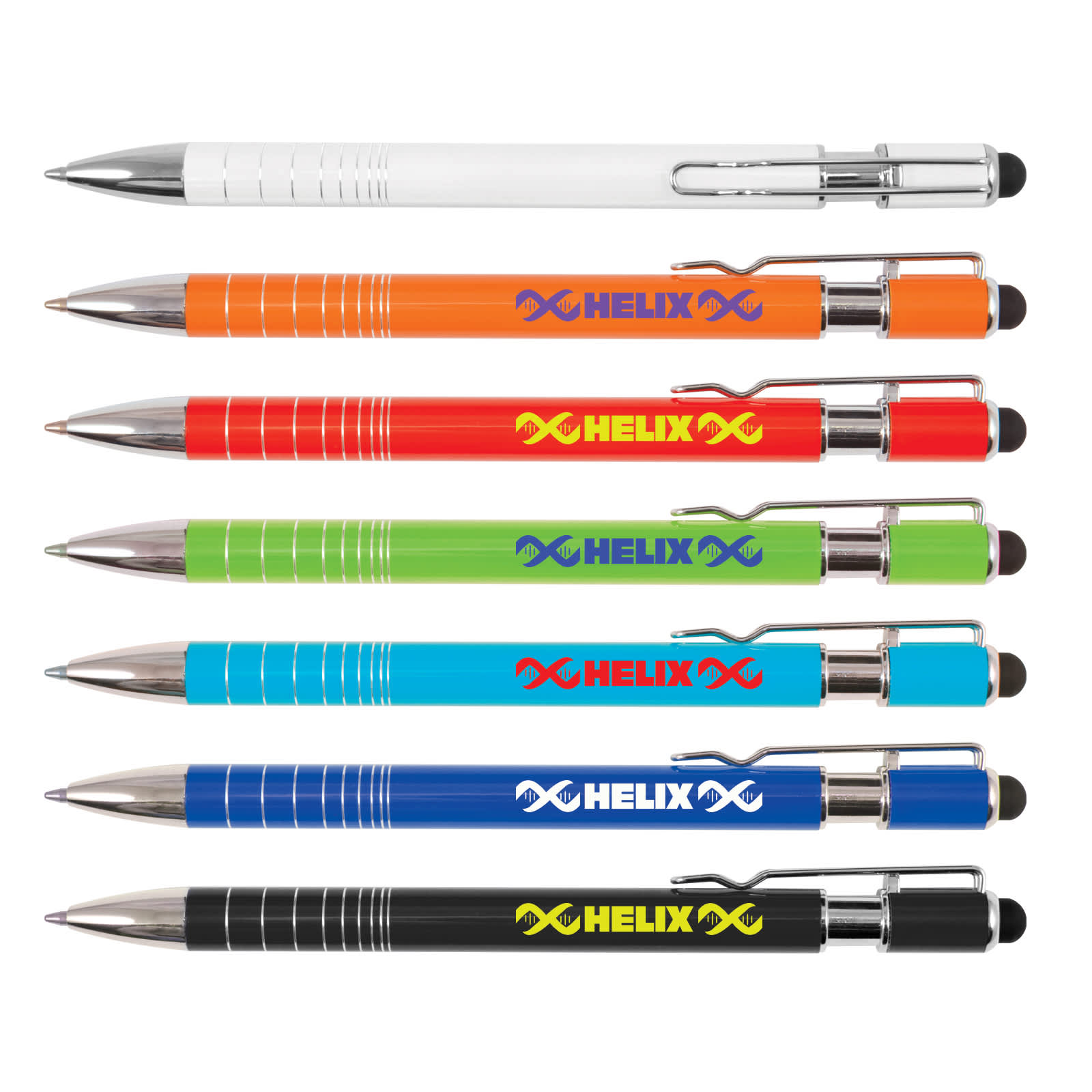 A set of stylus pens in varying colors: white, orange, green, blue, and black, featuring a logo. Helix Pen / Stylus - Image 1
