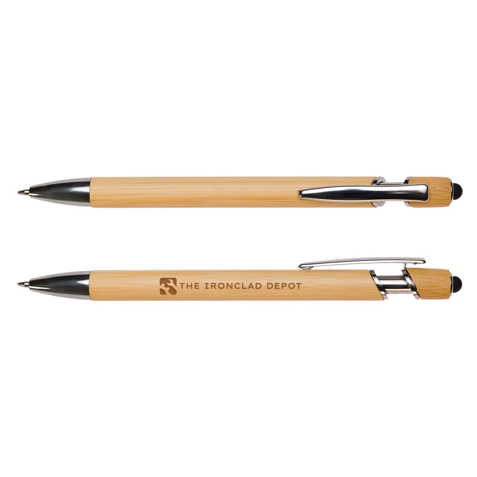 A bamboo pen featuring a silver clip and tip, with a branding logo on the barrel. Miami Bamboo Pen - Image 1