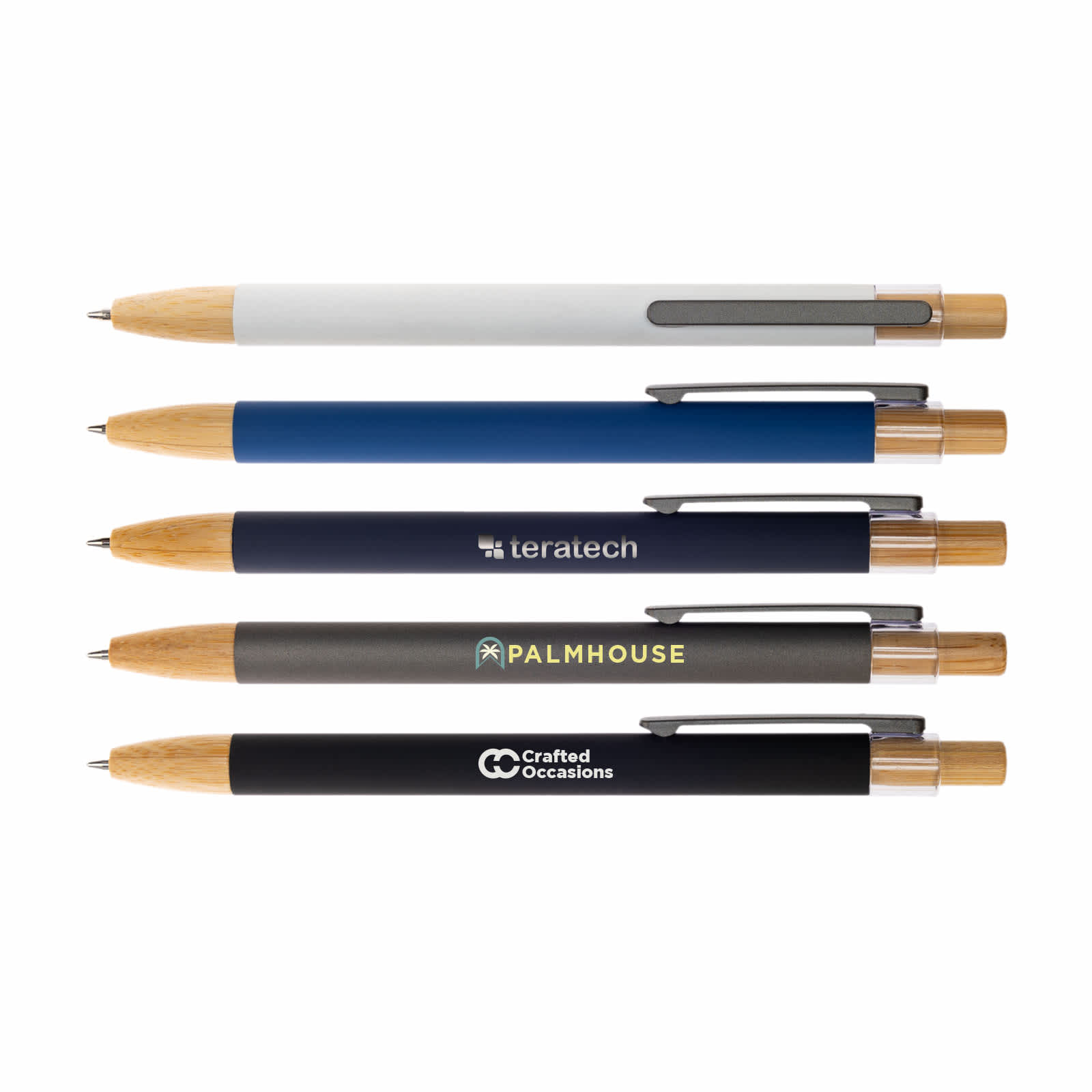 A collection of five Serenity Aluminium Pens in various colors, featuring wooden accents and different branding options. Serenity Aluminium Pen - Image 1