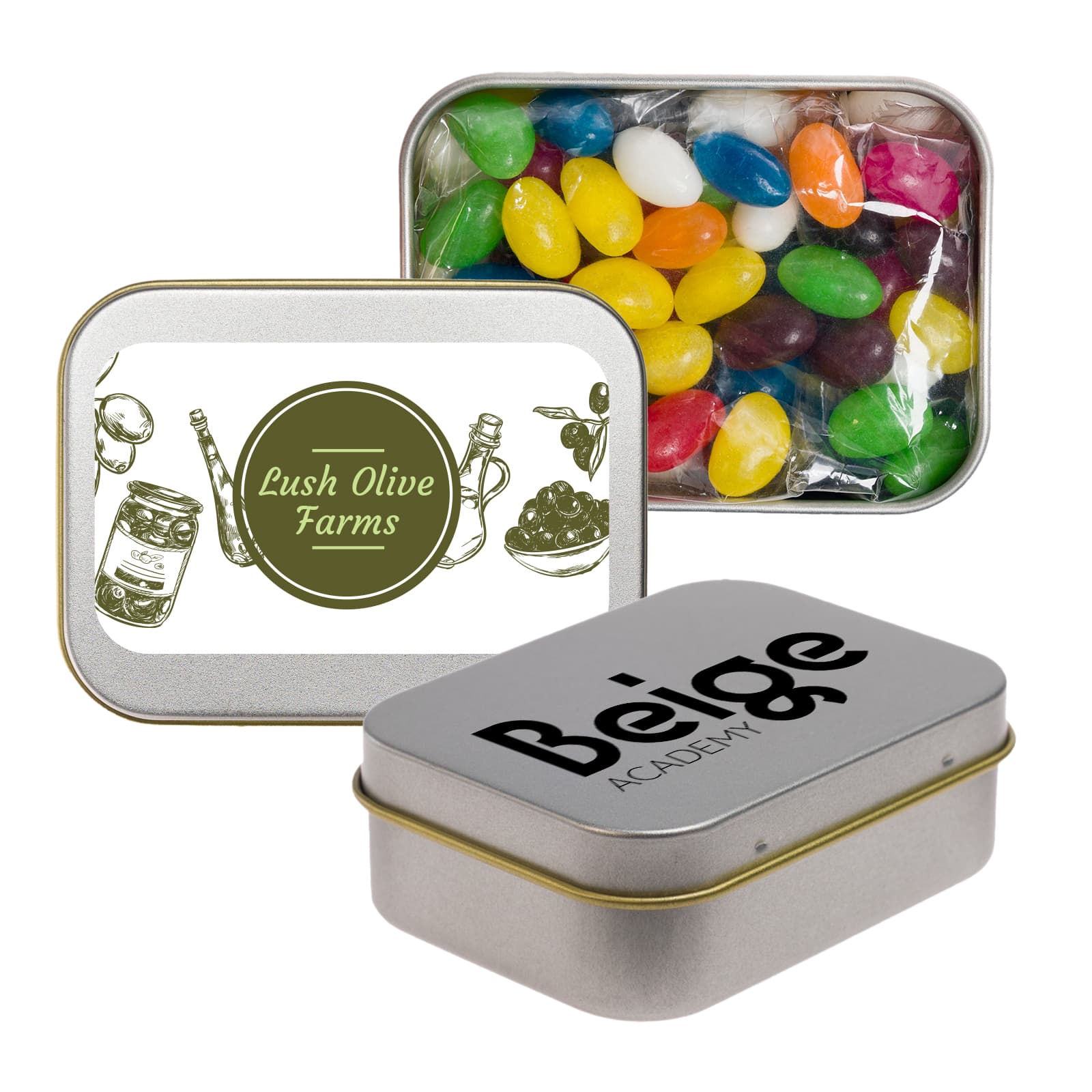 A silver rectangular tin containing assorted mini jelly beans in vibrant colors, with a branding logo on one side. Assorted Colour Mini Jelly Beans in Silver Rectangular Tin - Image 1