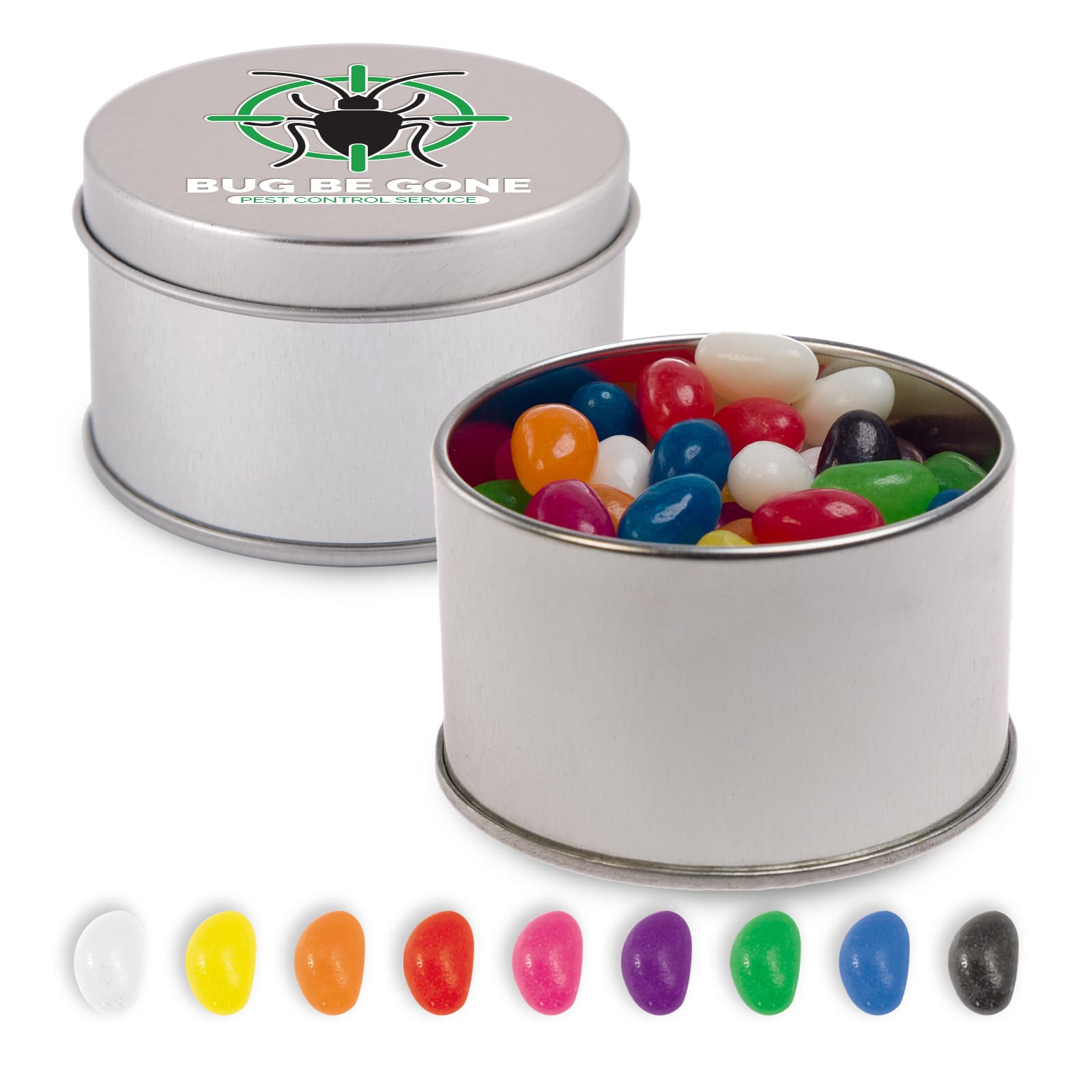 A silver round tin filled with assorted colour mini jelly beans, featuring a variety of bright hues. Assorted Colour Mini Jelly Beans in Silver Round Tin - Image 1