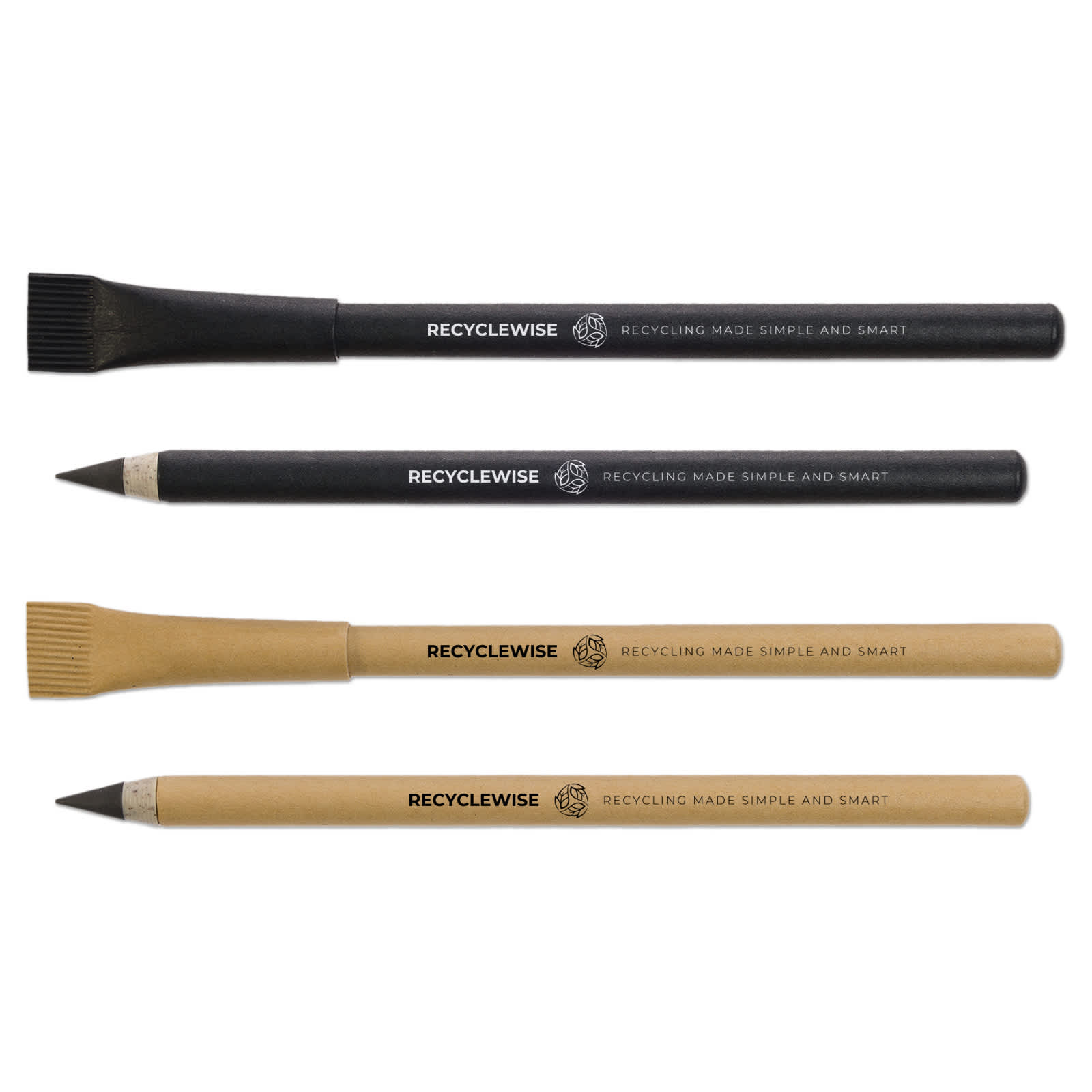 A set of four inkless pens in black, grey, and natural kraft colours, featuring a logo on each. Stealth Kraft Inkless Pen - Image 1