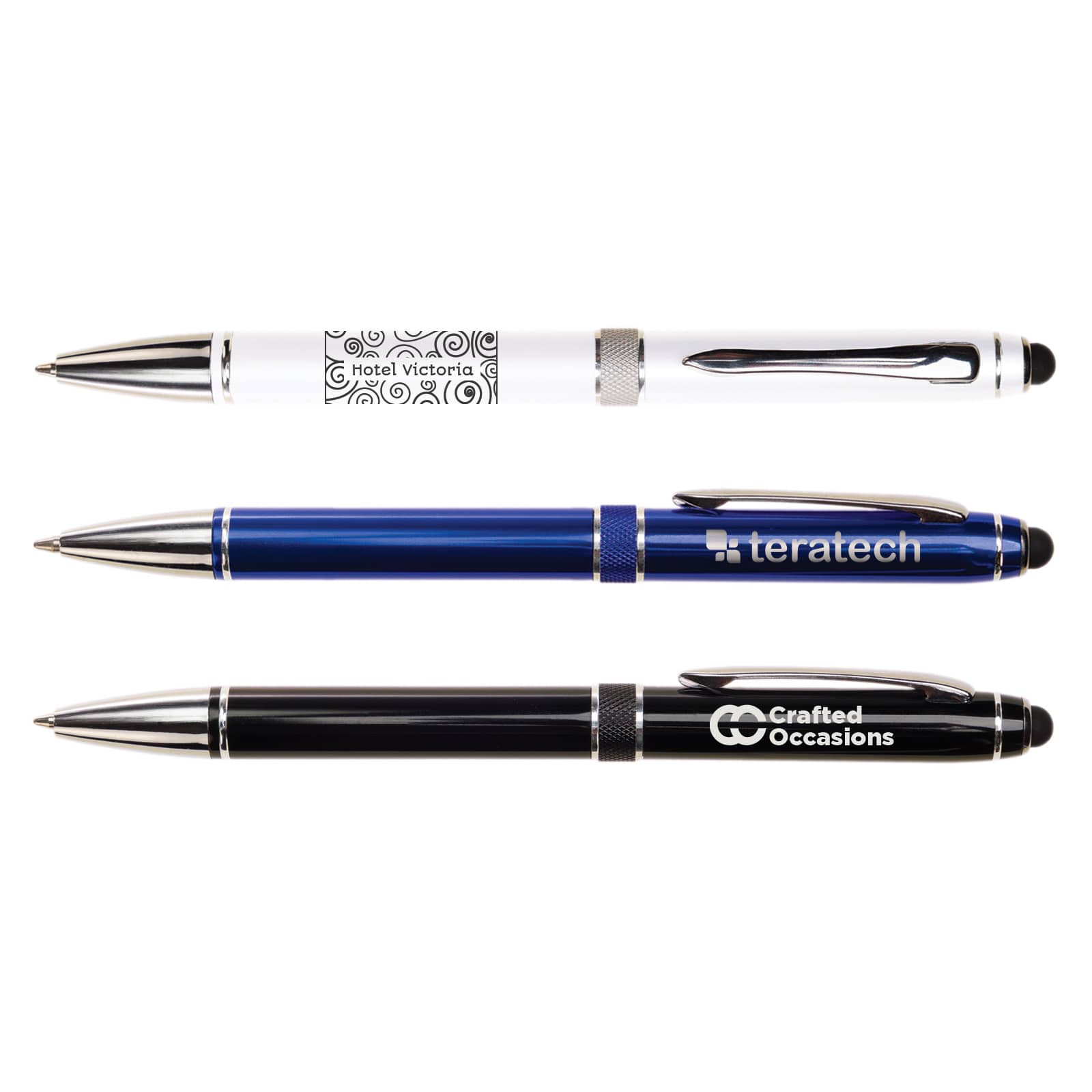 Three metal pens in white, blue, and black, each featuring a logo and a sleek design. Columbia Aluminium Pen - Image 1