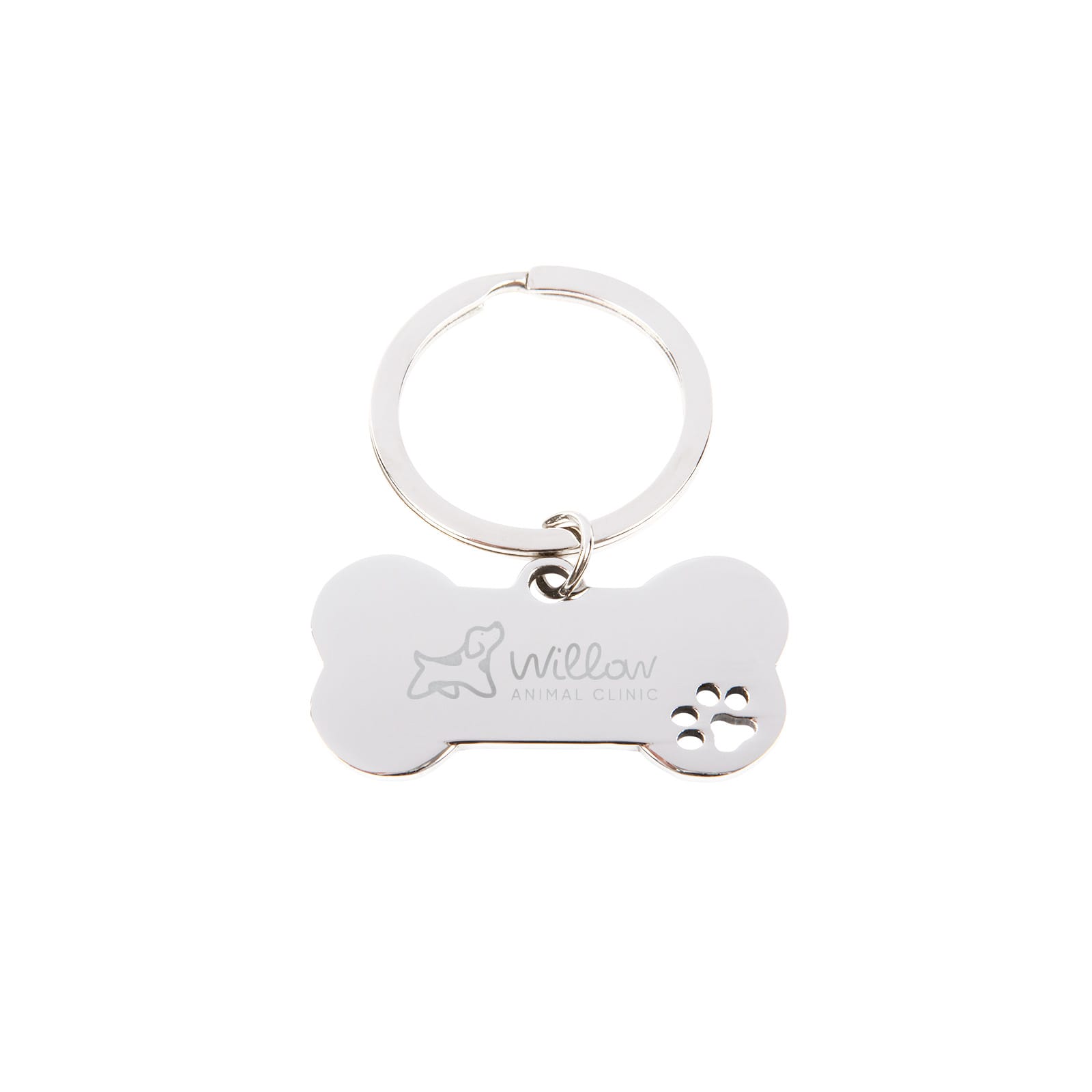 A silver dog bone keytag featuring a paw print design and an engraved logo. Dog Bone Keytag - Image 1