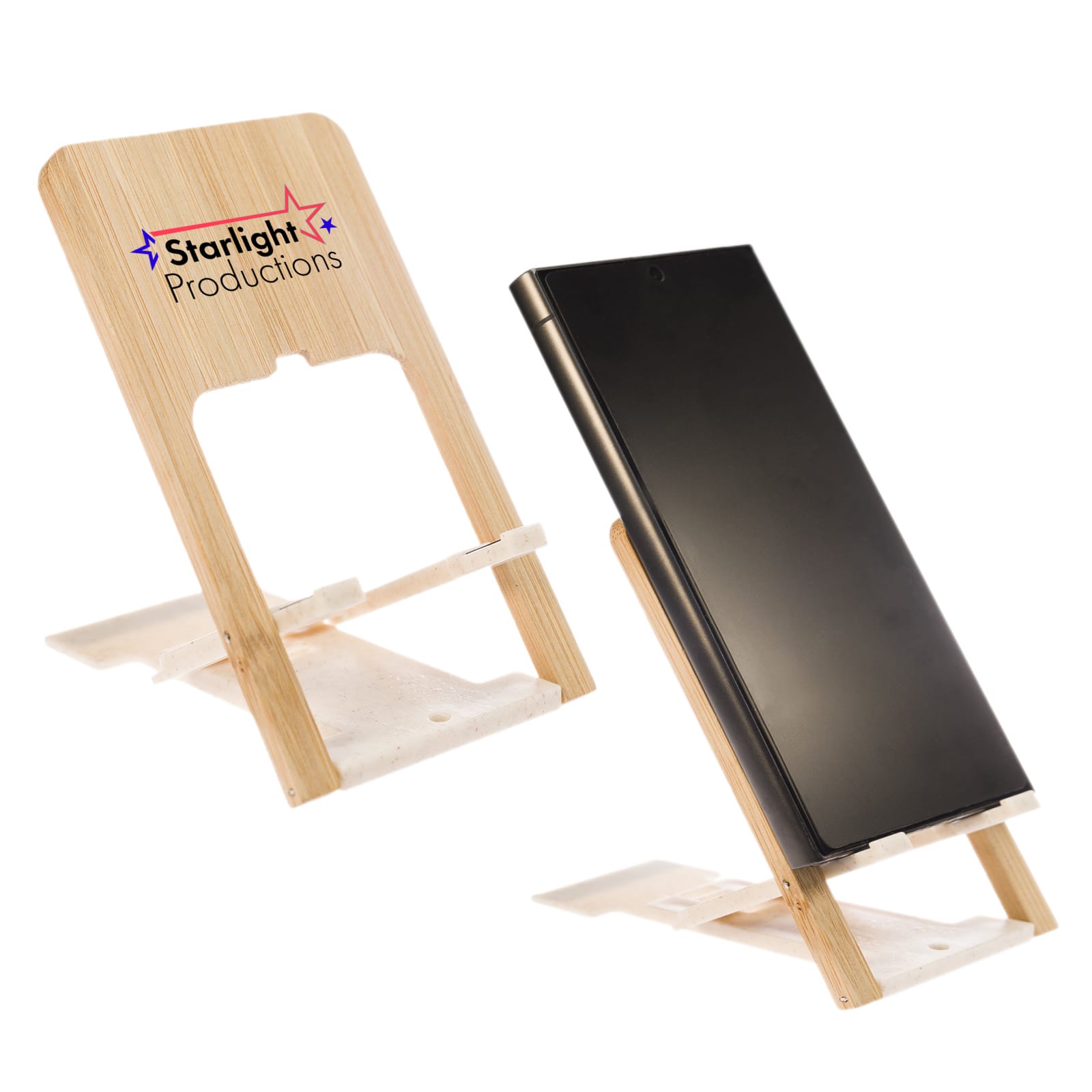 A wooden phone stand in a natural finish, featuring a cutout for device placement and branding on the front. Groove Phone Stand - Image 1
