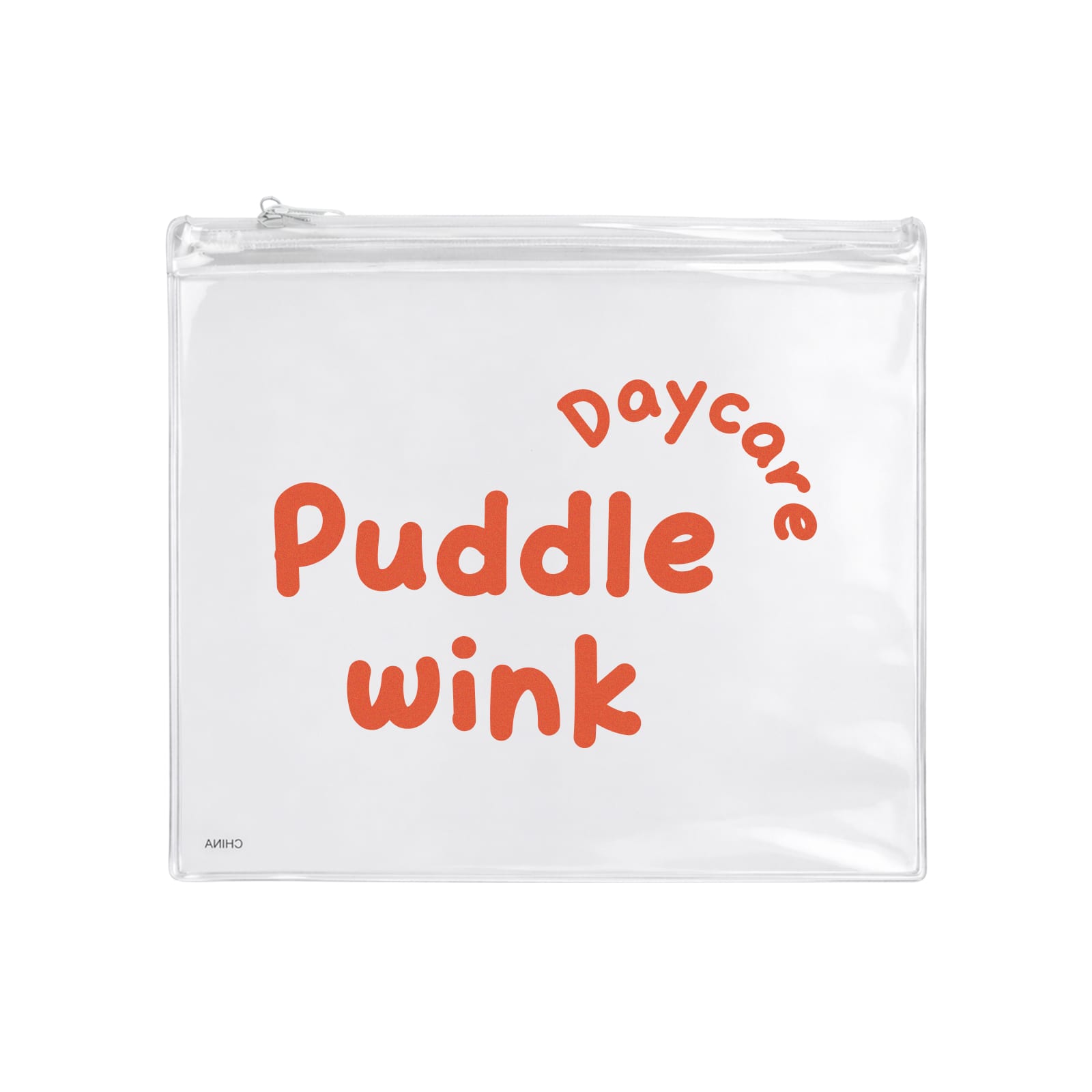 A transparent pencil case featuring orange text that reads "Puddle wink" with a curved design. It has a zip closure and a logo. Delight Pencil Case - Image 1