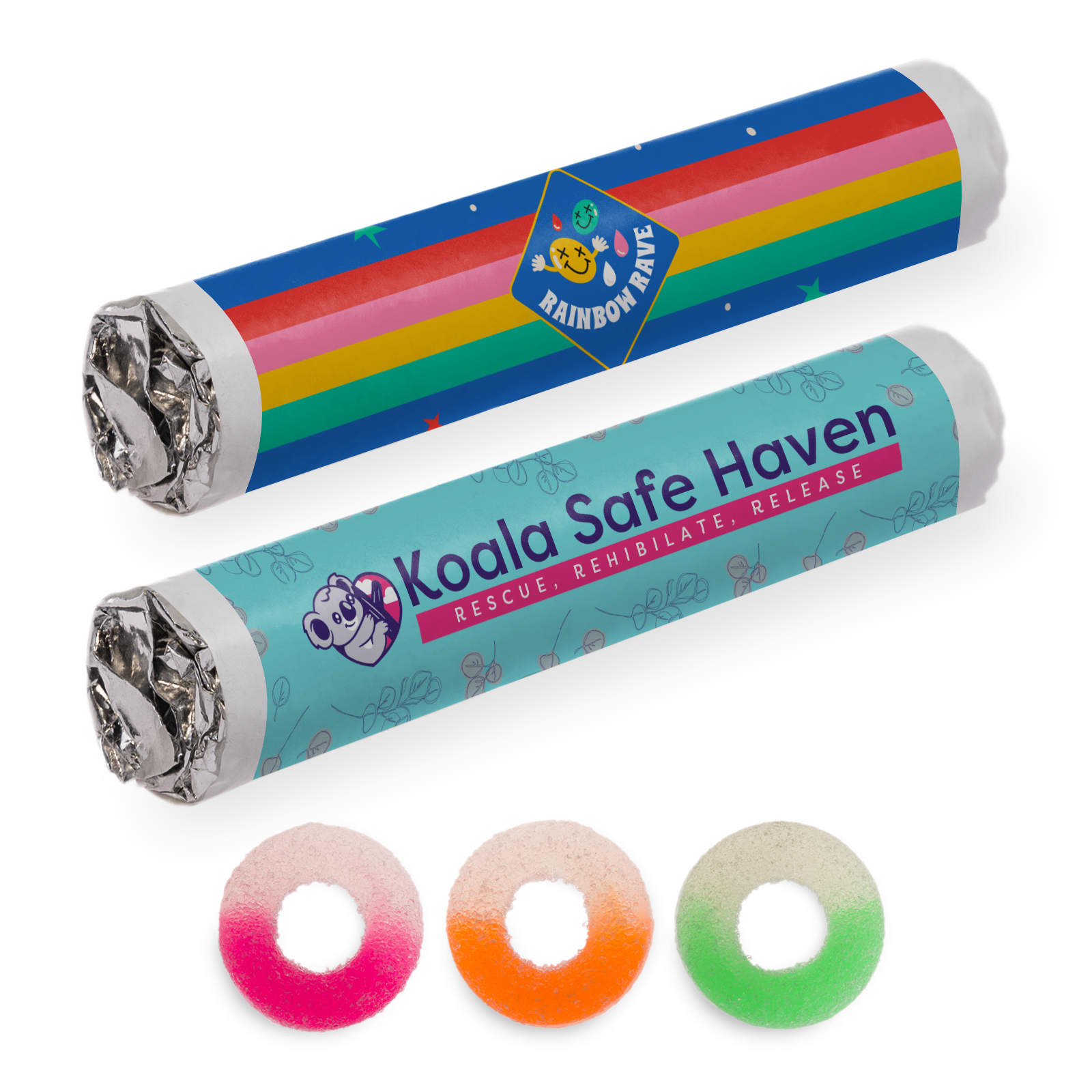 Assorted flavour fruit rings in various colours, including pink, orange, and green, with packaging featuring logos. Assorted Flavour Fruit Rings - Image 1