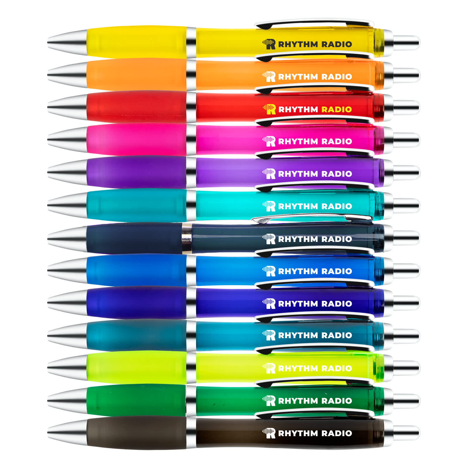A collection of vibrant plastic pens in various colors, each with a silver clip and a logo. Viva Transparent Pen - Image 1