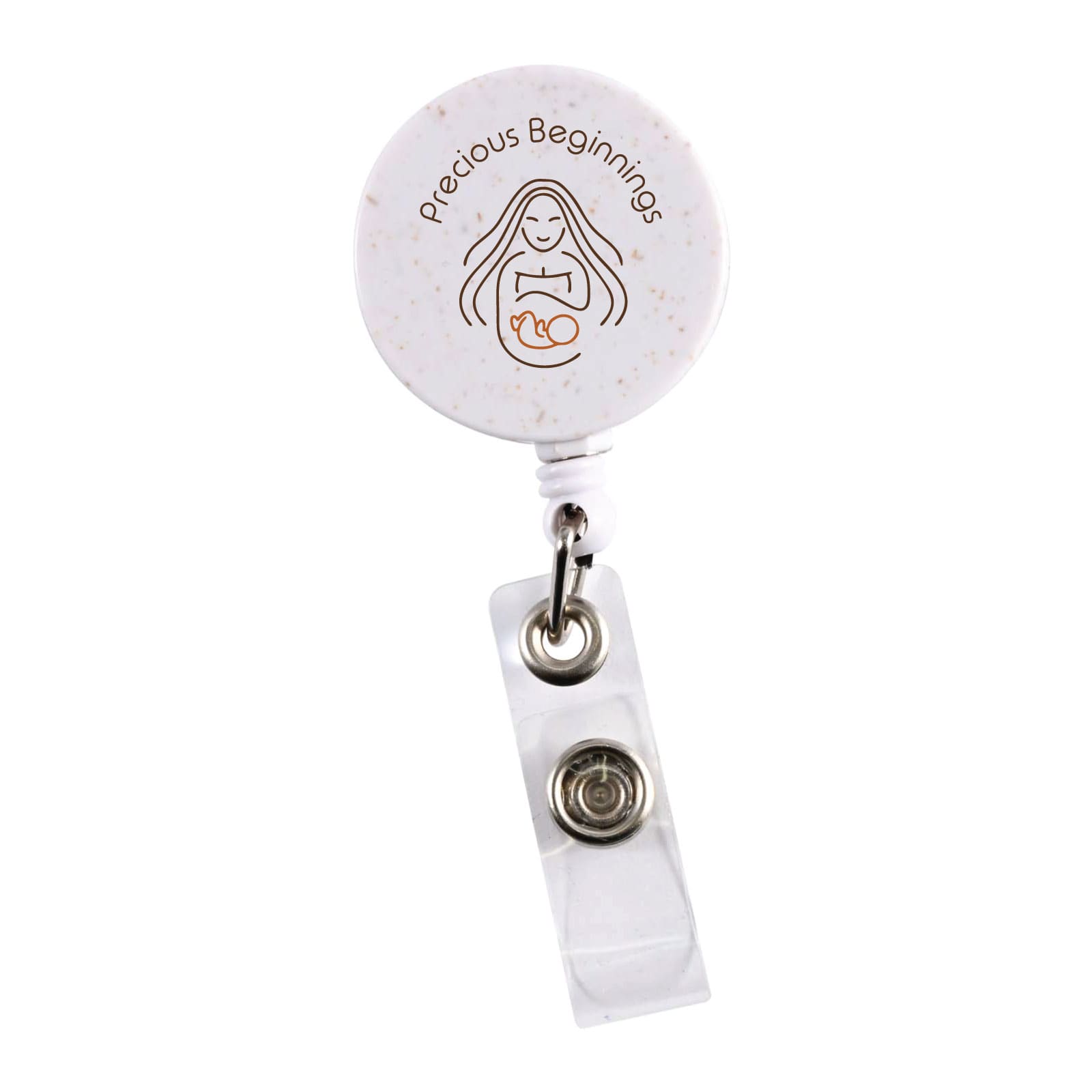 A retractable badge holder in white with speckles, featuring a clear plastic strap and a logo. Retractable Badge Holder Wheat Straw - Image 1