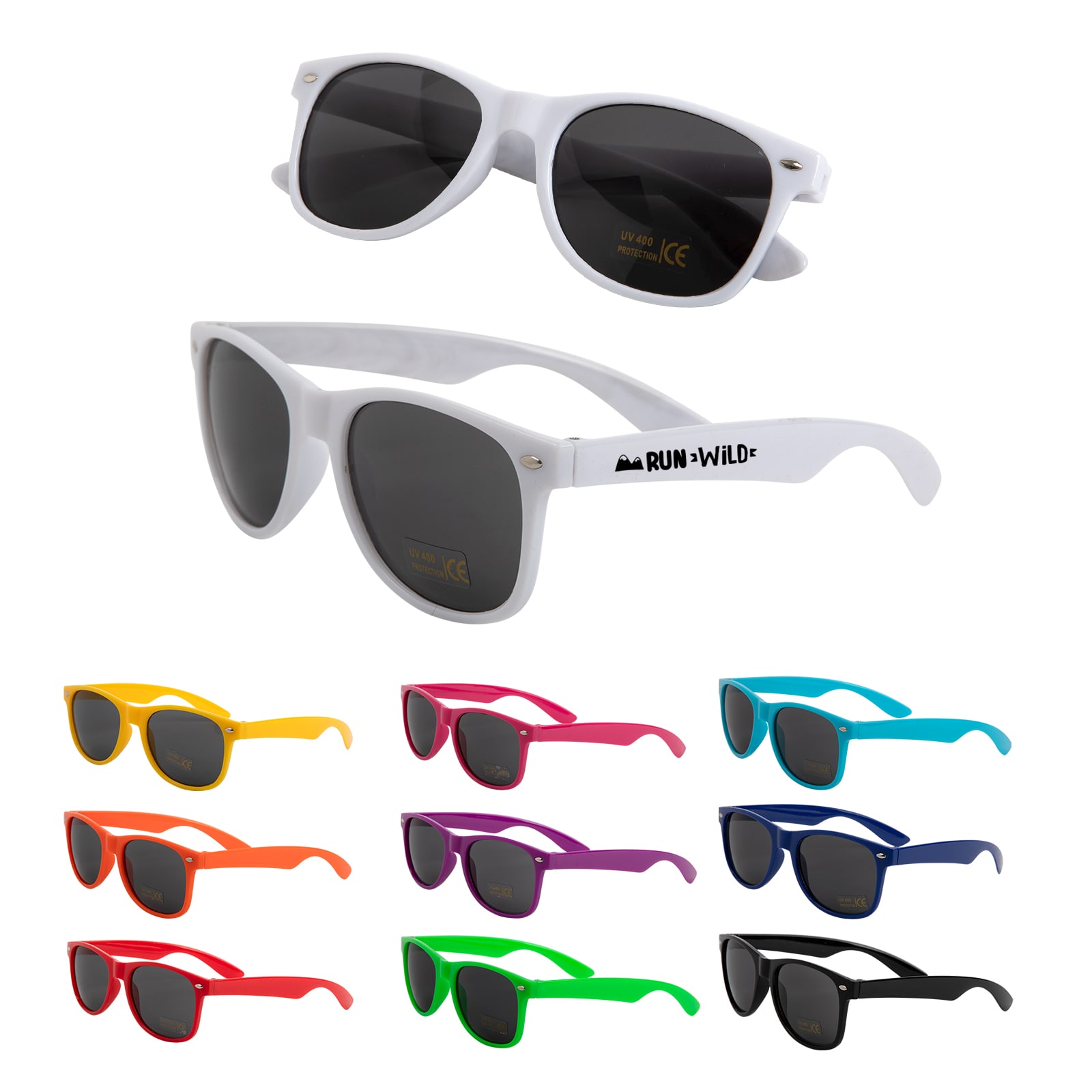 Two pairs of white sunglasses with black lenses and multiple pairs in vibrant colours, including yellow, orange, pink, purple, and blue. Horizon Sunglasses - Image 1