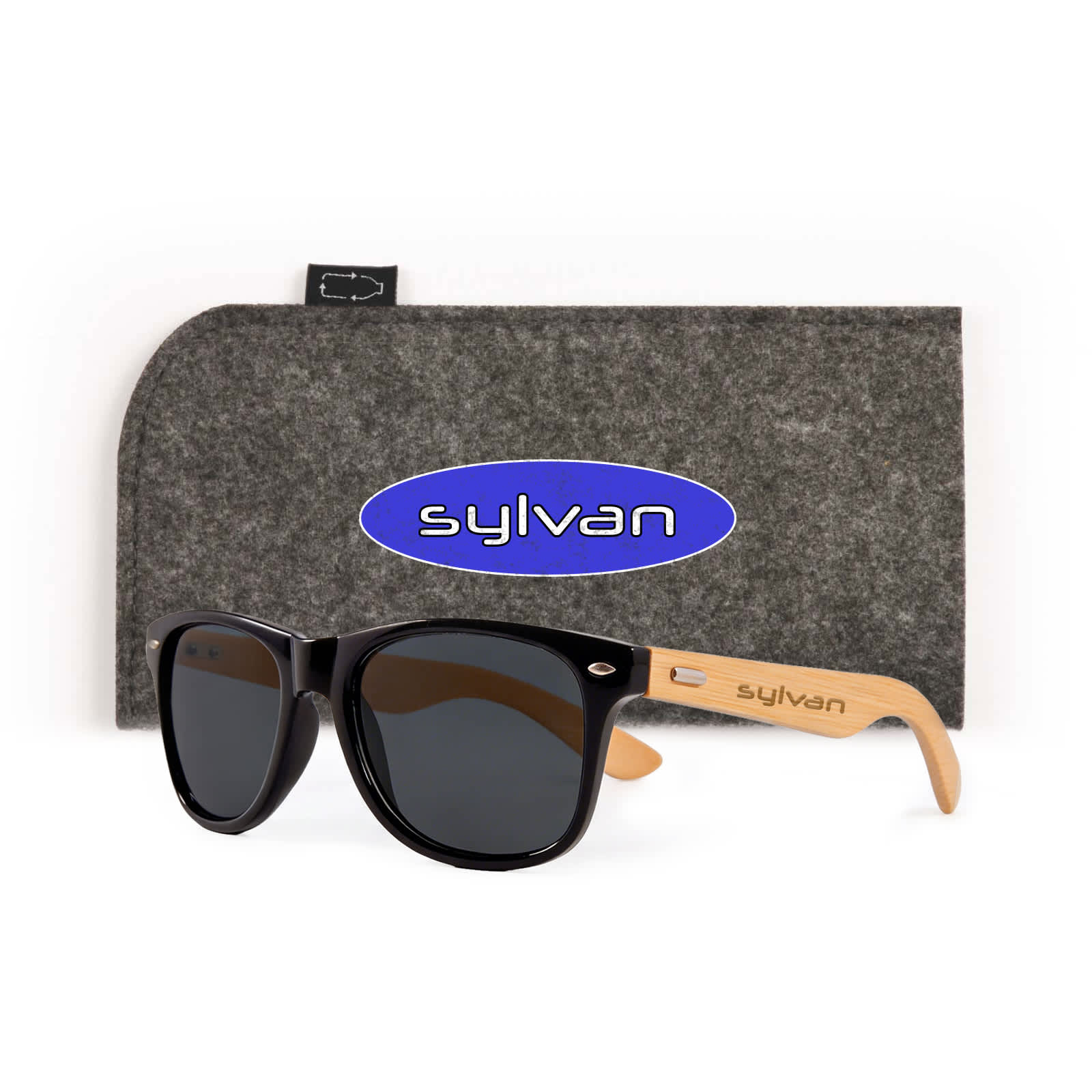 A pair of black sunglasses with wooden arms, accompanied by a grey case featuring a logo. Sunglasses Pack - Image 1