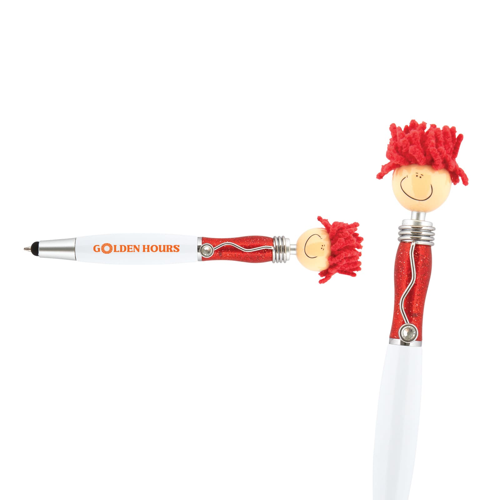 A stylus pen with a red-haired character topper, featuring a glittery red and white design. Includes a logo. Mop Top Jazz Pen / Stylus - Image 1
