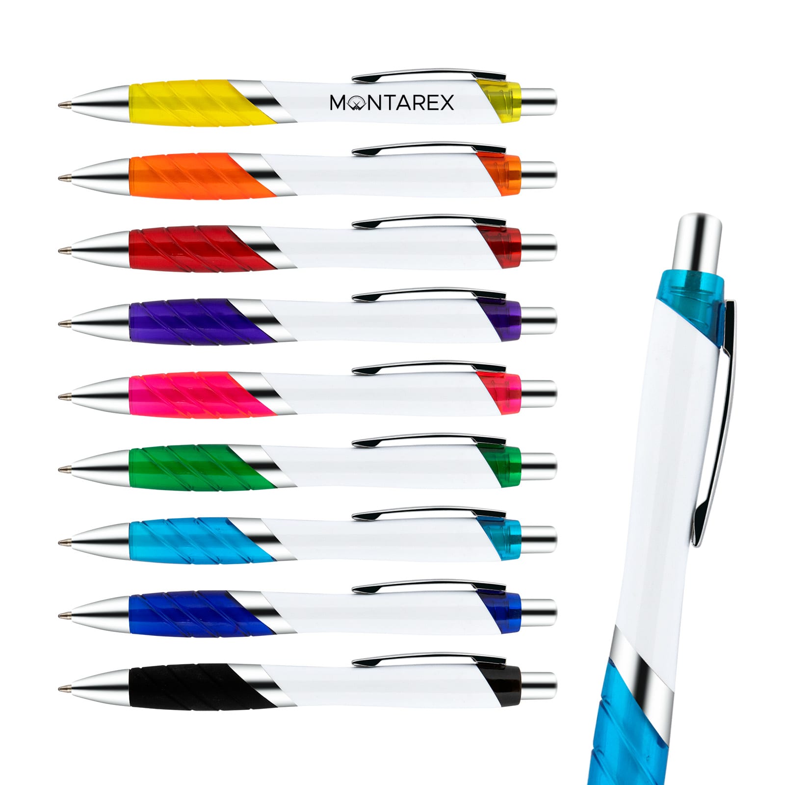 A collection of ten plastic pens in white, featuring vibrant rubber grips in various colours and silver accents. Beat Pen - Image 1