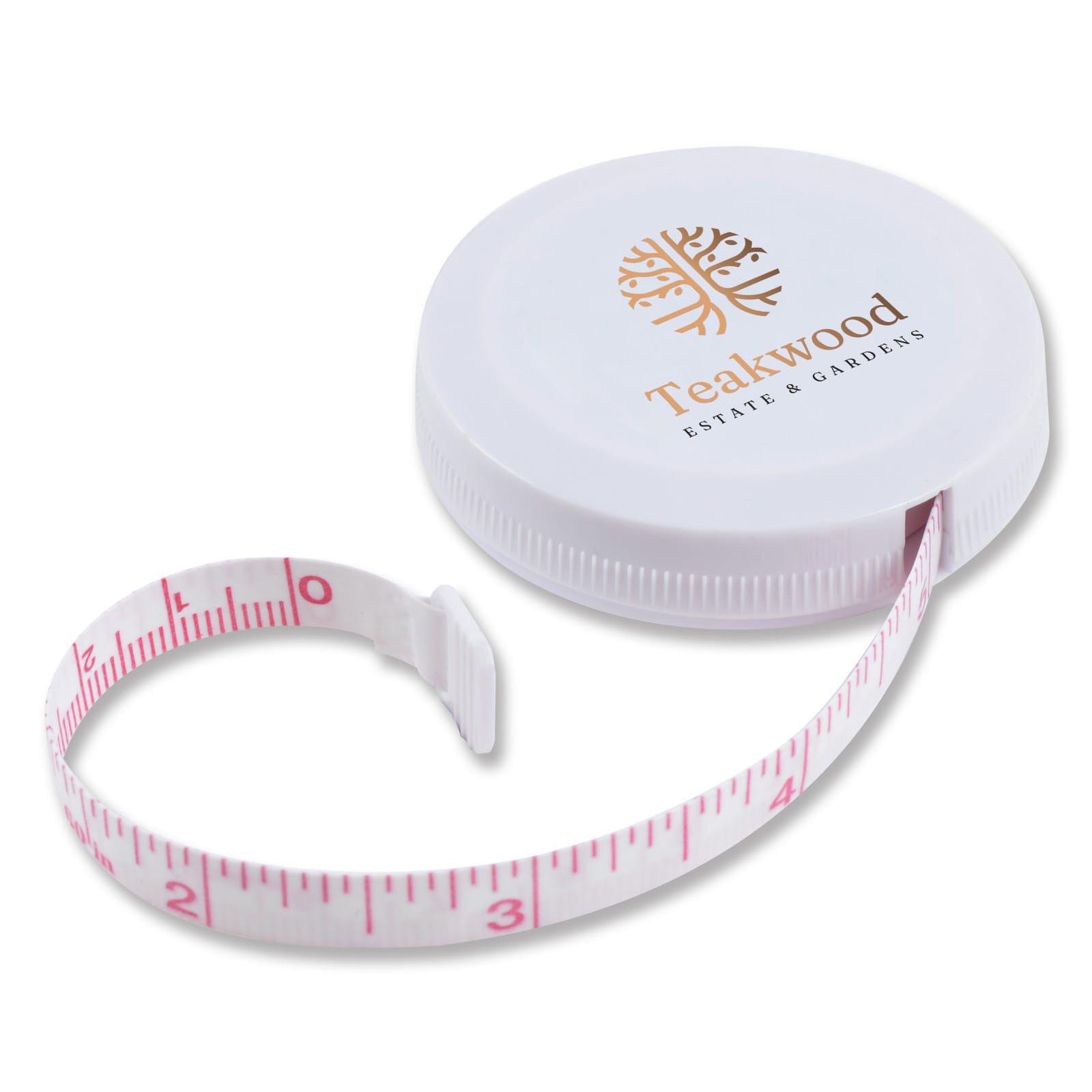 A white circular tape measure with a pink measuring tape extending from it, featuring a logo on the top. Tornado Tape Measure - Image 1