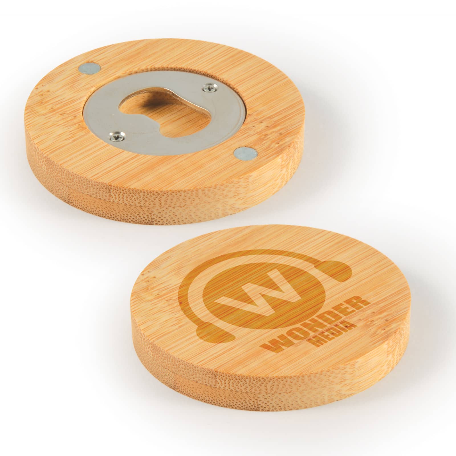 A drink bottle opener coaster made of natural bamboo with a silver opener and a branded logo on one side. Discus Bamboo Bottle Opener Coaster - Image 1
