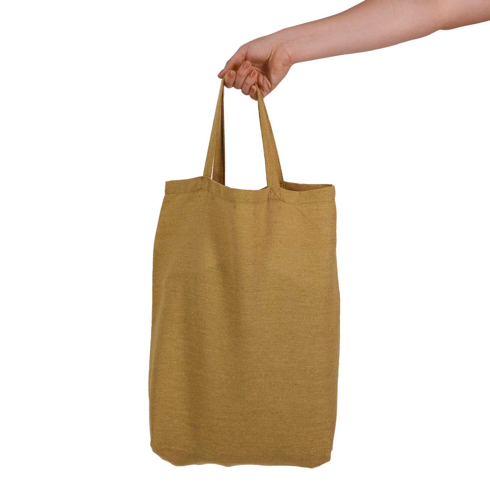 A short-handled, mustard yellow tote bag being held by a hand. The bag features an unembellished design and has a logo. Enviro Supa Shopper Short Handle Bag - Image 1