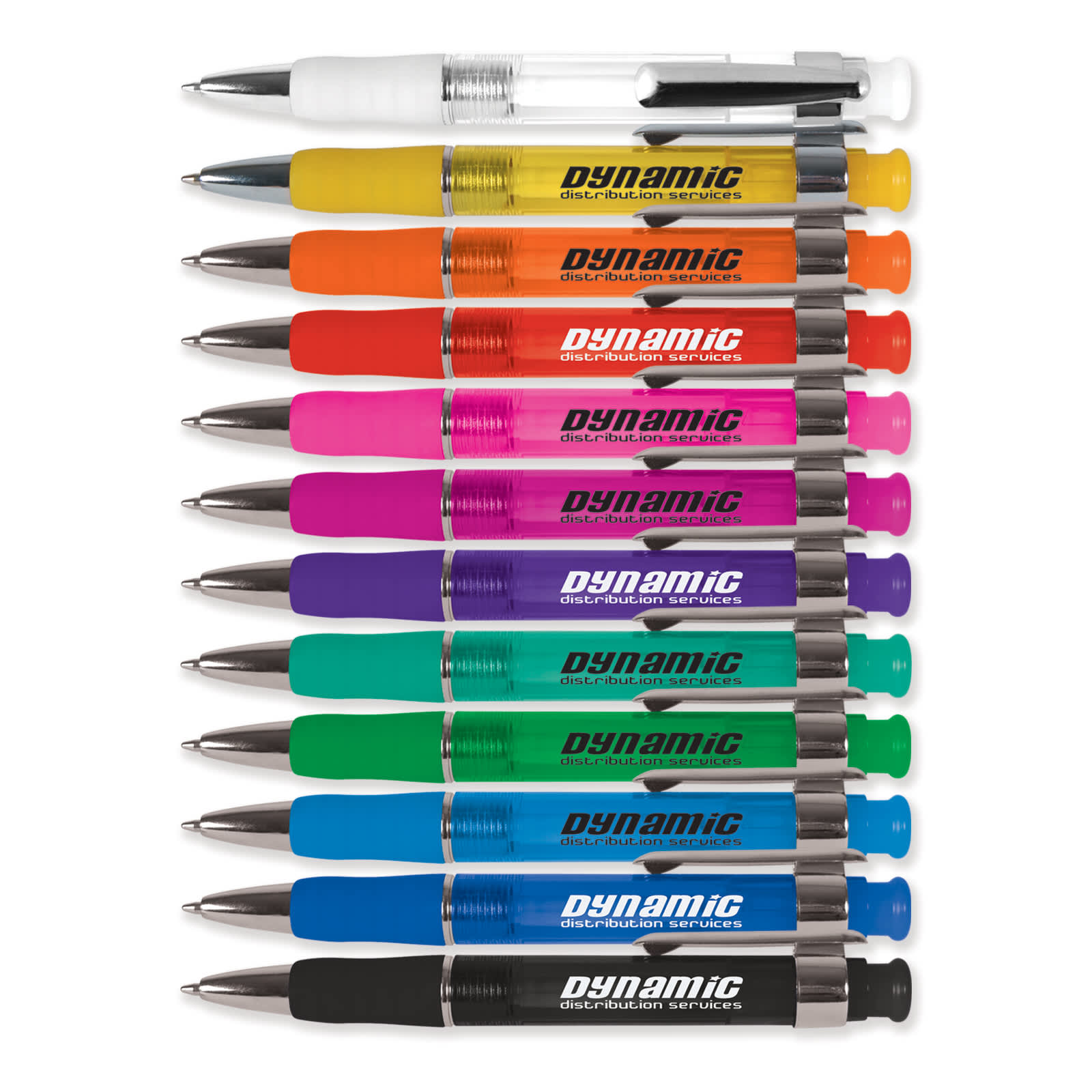 A collection of colorful plastic pens arranged in a row, featuring various vibrant colors and a logo. Chrystalis Pen - Image 1