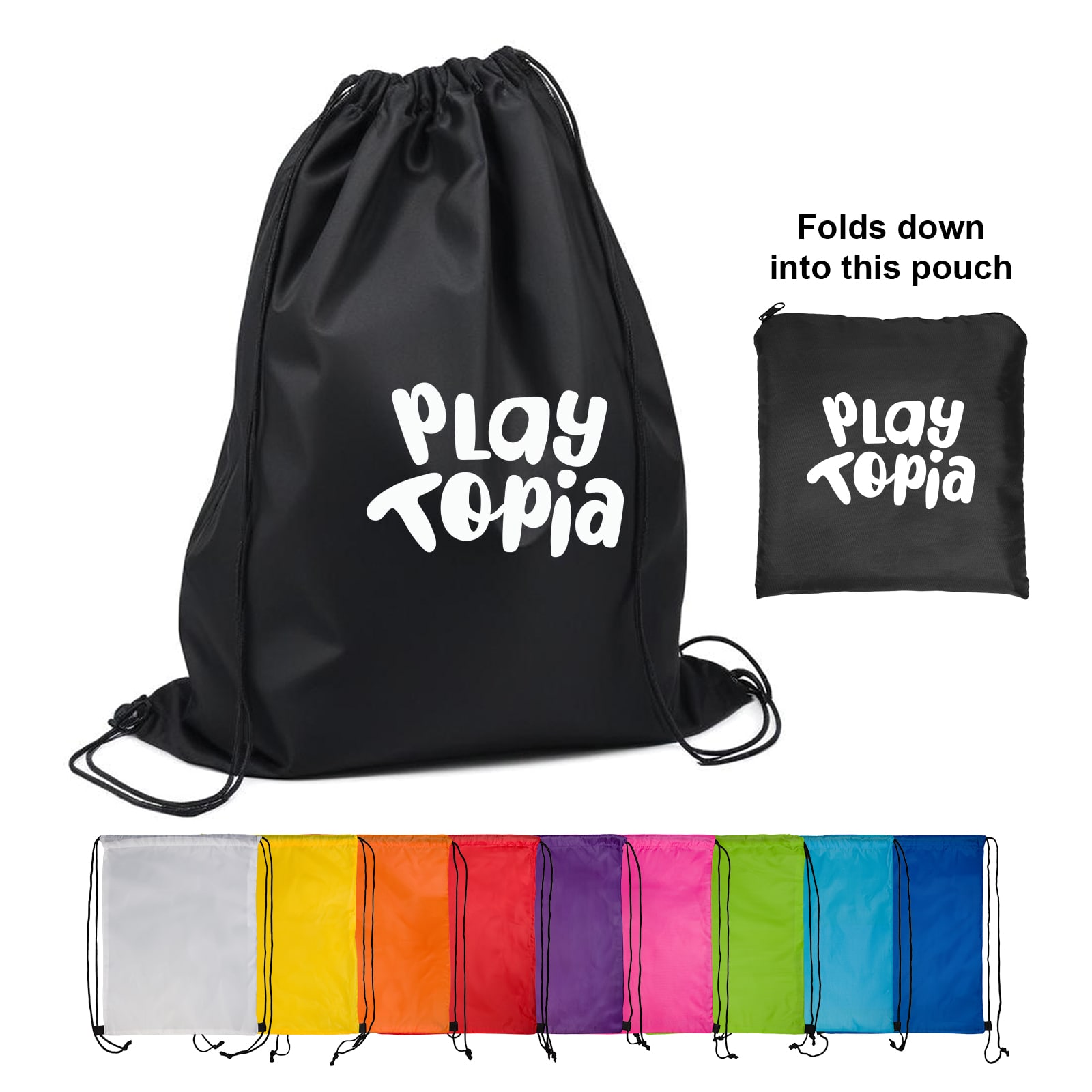 A black drawstring backpack with a logo, shown alongside a pouch for storage, with multiple color options below. Pronto Drawstring Backpack - Image 1