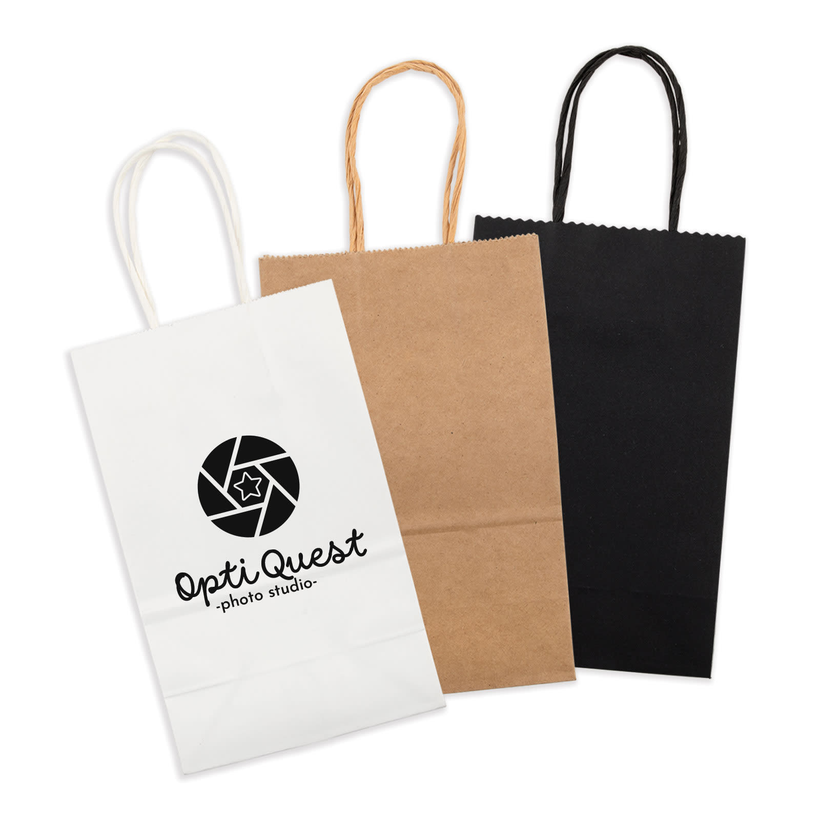 A set of three small paper bags in white, brown, and black, each featuring a handle and a logo. Express Paper Bag Small - Image 1