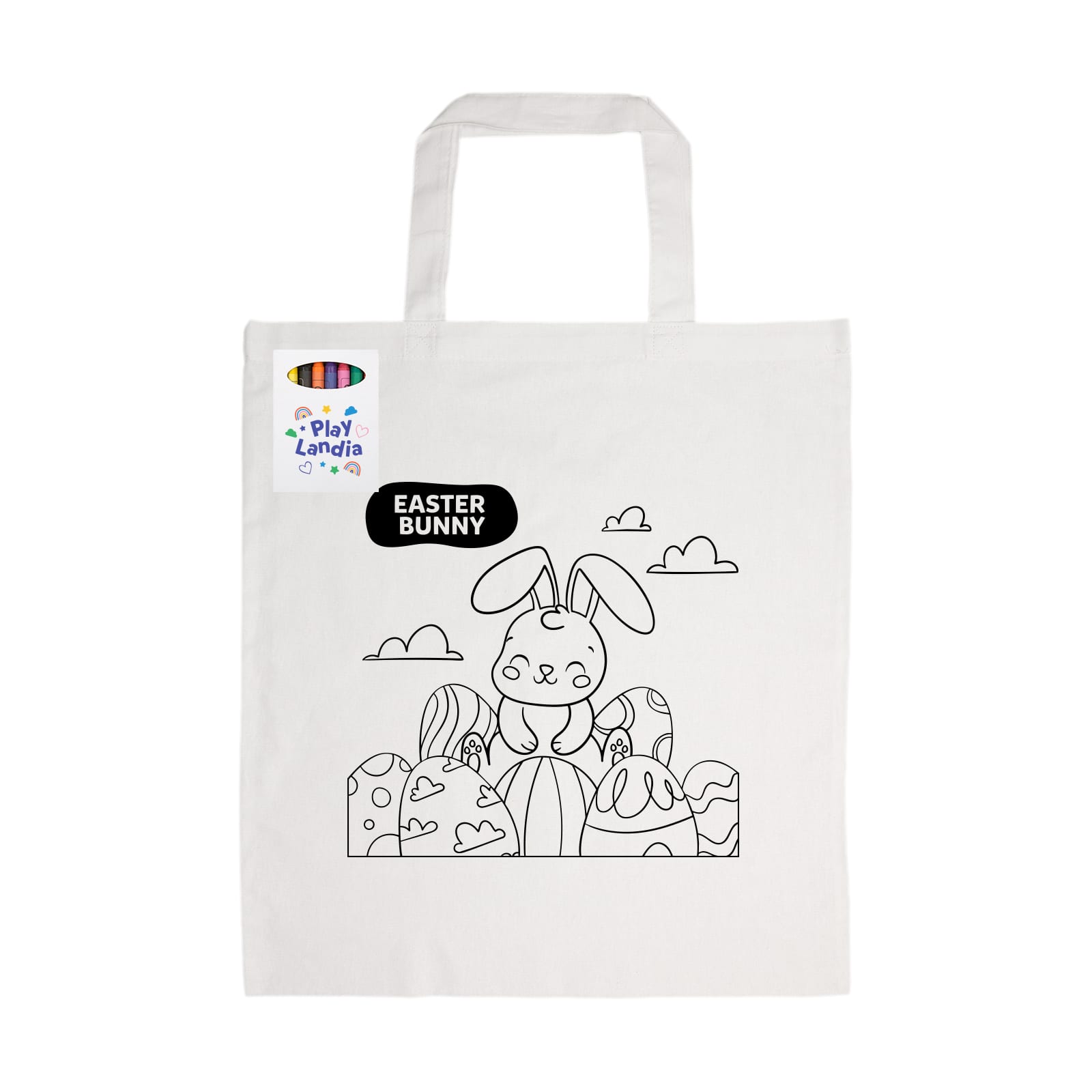 A white cotton tote bag featuring a colouring design of an Easter bunny with decorated eggs, and a branding logo. Colouring Short Handle Cotton Bag & Crayons - Image 1