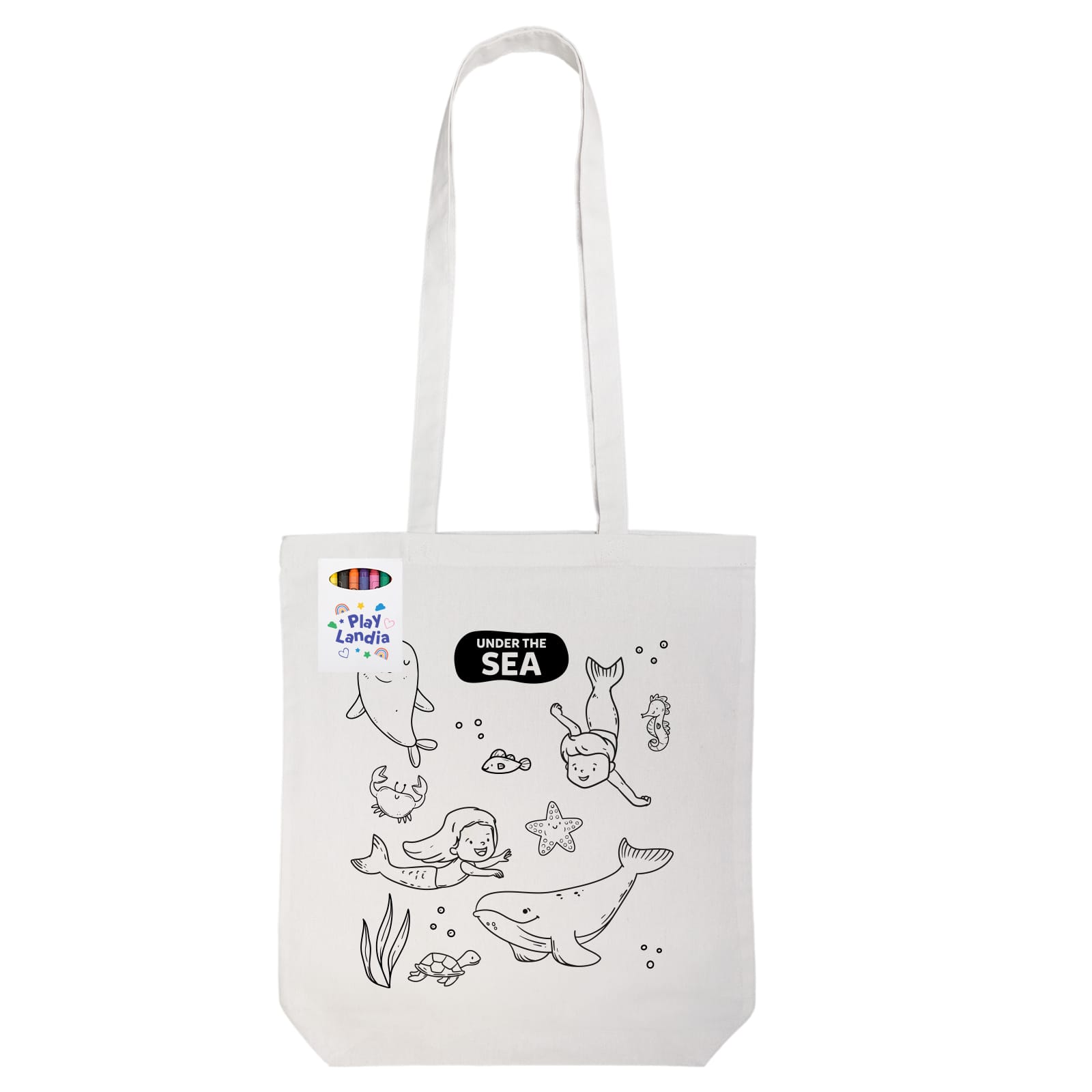 A cotton tote bag in off-white, featuring outlined sea creatures and children, with an attached branding label. Colouring Long Handle Cotton Bag & Crayons - Image 1