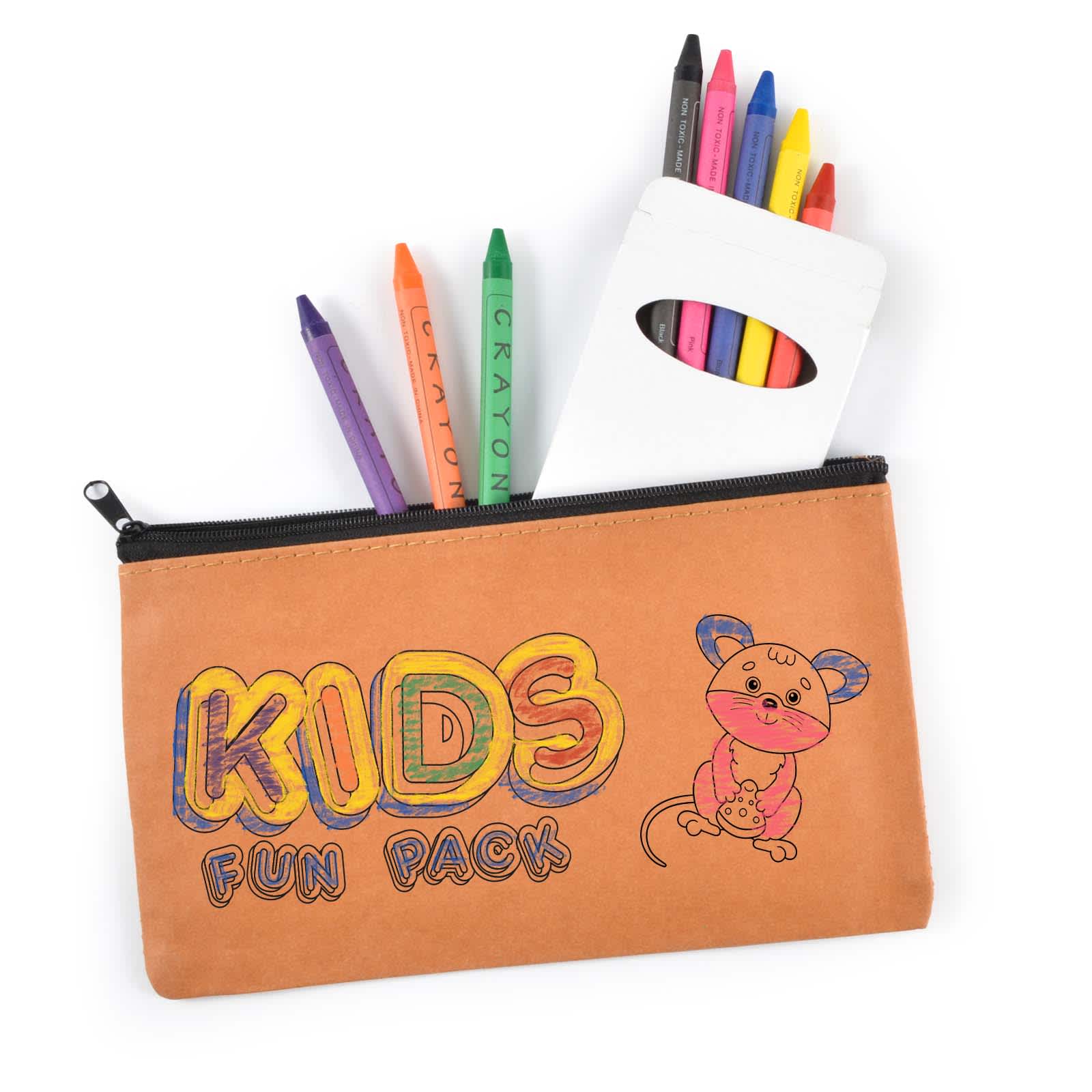 A pencil case containing colourful crayons with a cartoon character design and a logo, showcasing vibrant hues. Kids Fun Pack - Image 1