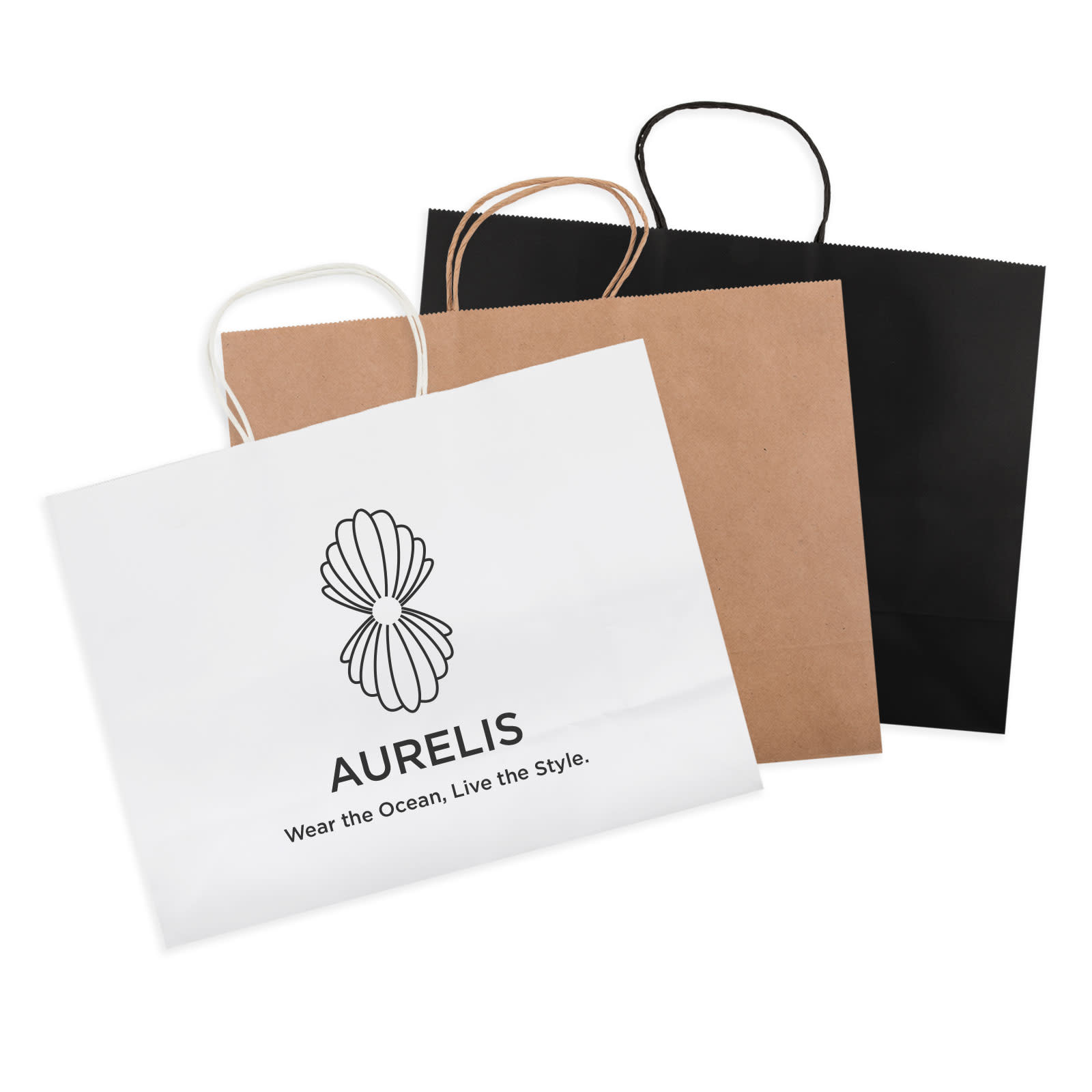 A set of three extra-large paper bags in white, brown, and black, each with handles and a logo. Express Paper Bag Extra Large - Image 1
