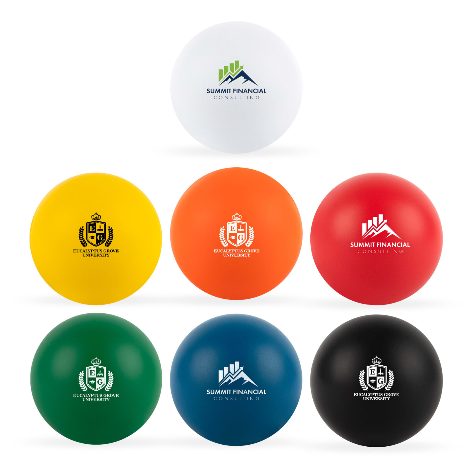 A set of round stress balls in white, yellow, orange, green, black, and red, featuring various logos. Round Stress Balls - Image 1