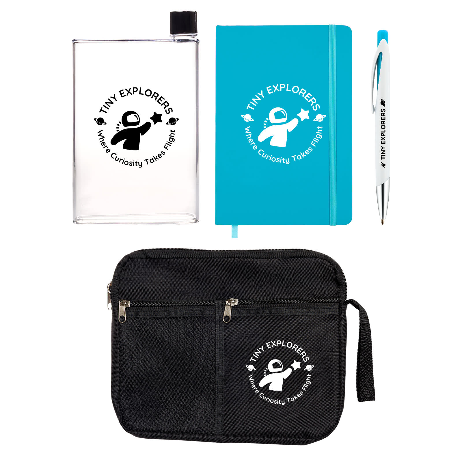 A drink bottle, notebook, pen, and black carry bag, all featuring a logo, in various colours. Conference Pack - Image 1