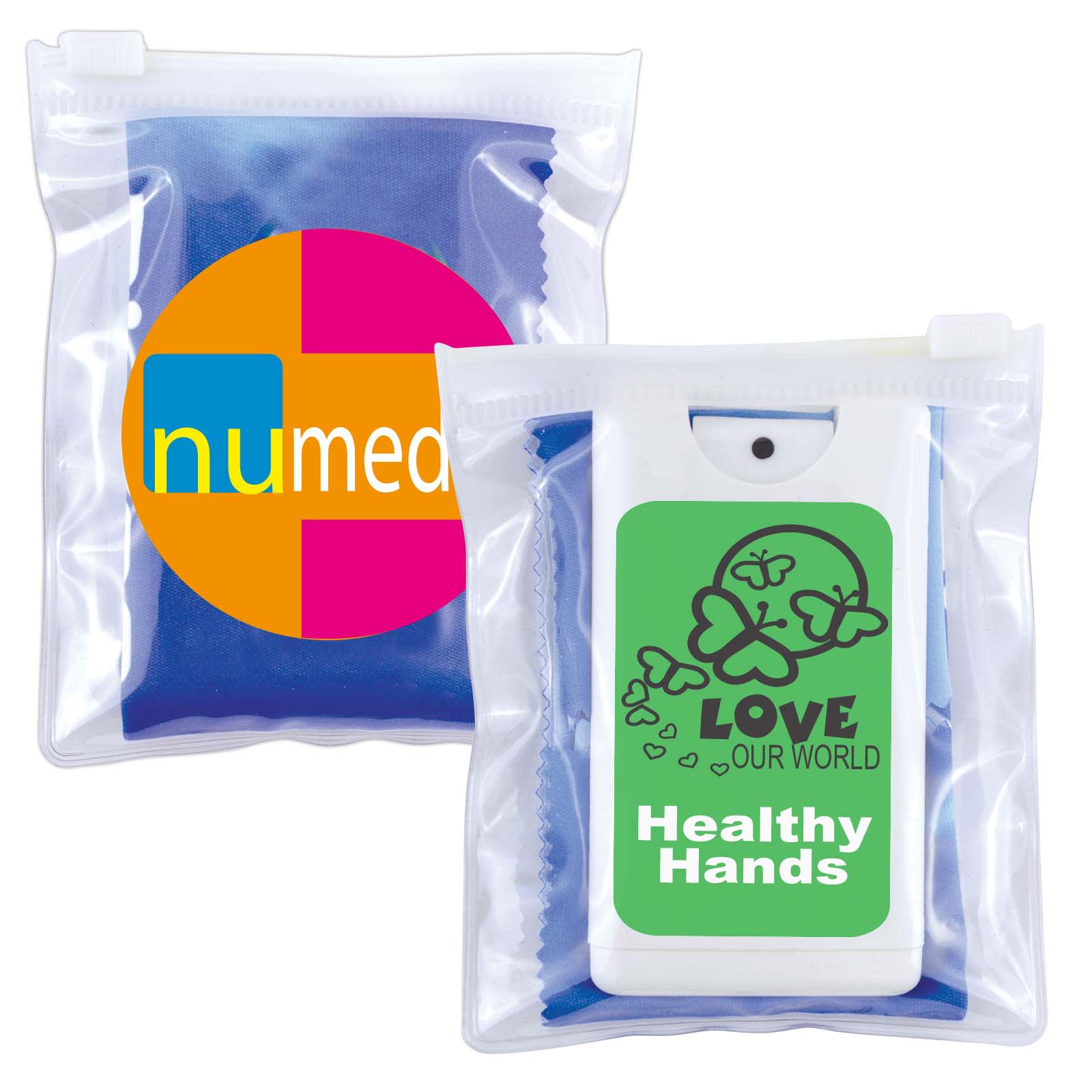 A microfiber lens cloth with a screen cleaner, featuring two designs in colorful packaging. Microfibre Lens Cloth with Screen Cleaner - Image 1