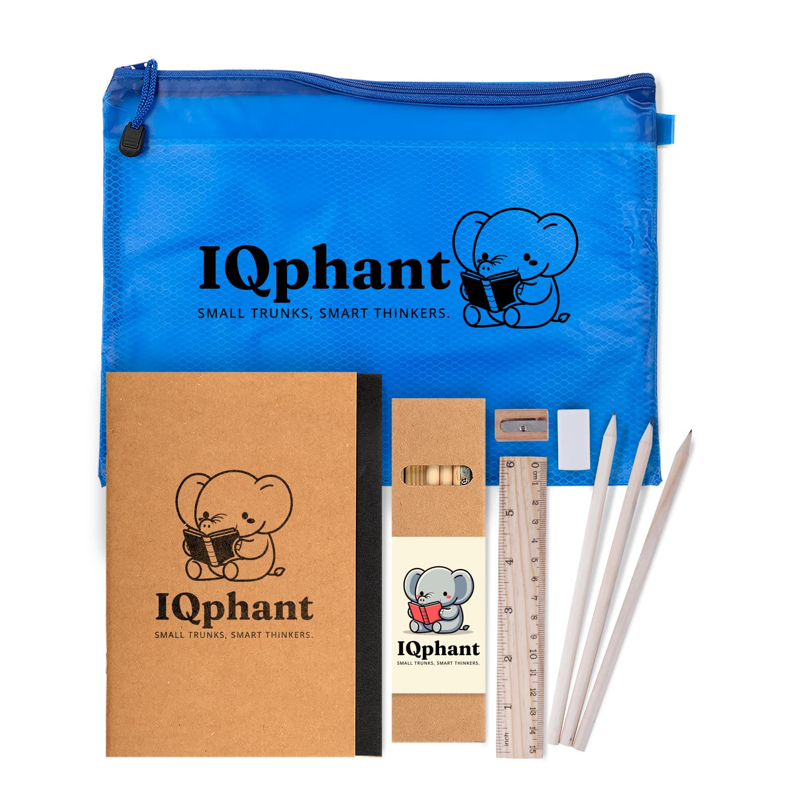 A blue zippered pouch containing a notebook, ruler, pencils, sharpener, and eraser, all featuring an elephant design. Smarty Pants Pack - Image 1