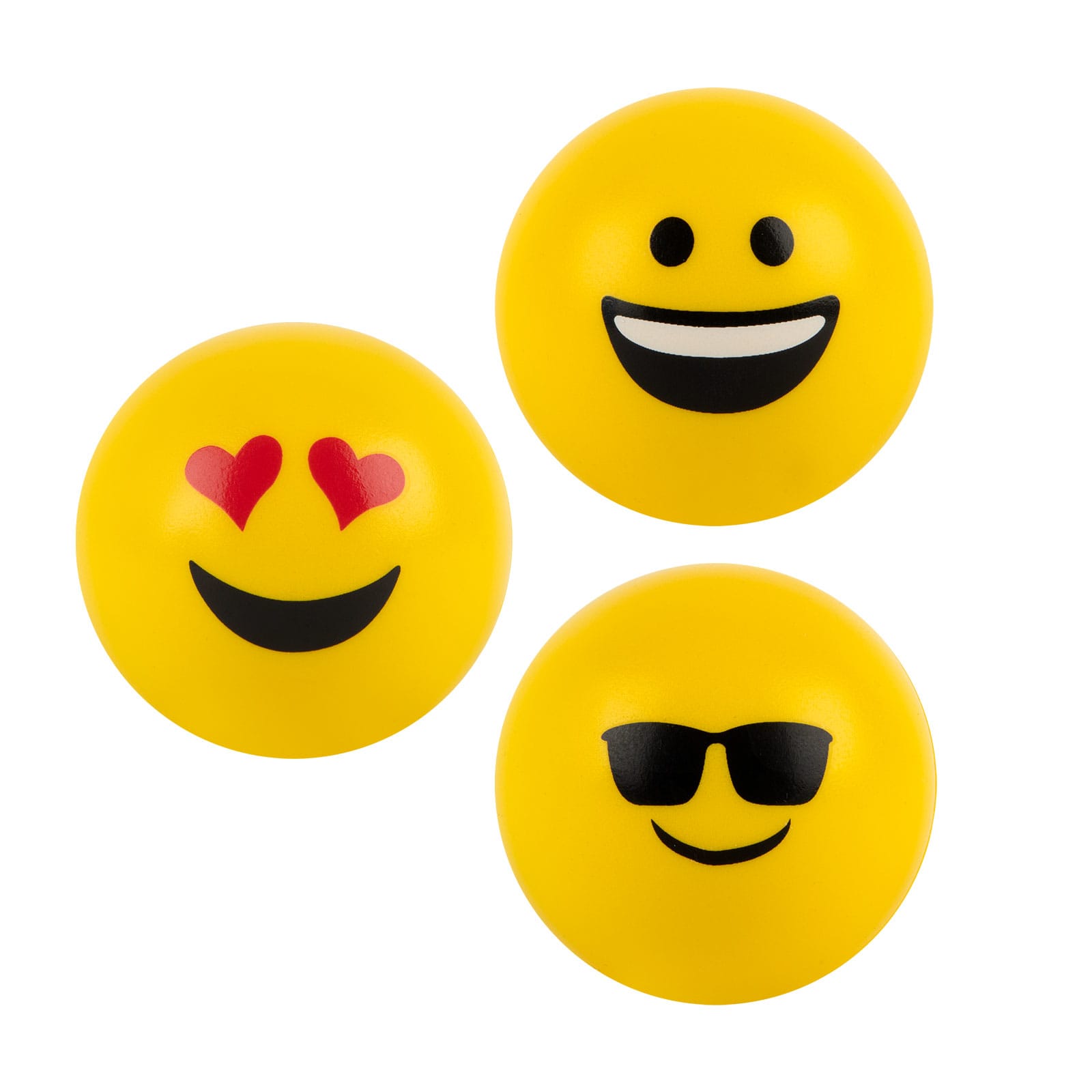 Three yellow emoji stress balls featuring different facial expressions: happy, love, and cool sunglasses. Emoji Stress Balls - Image 1