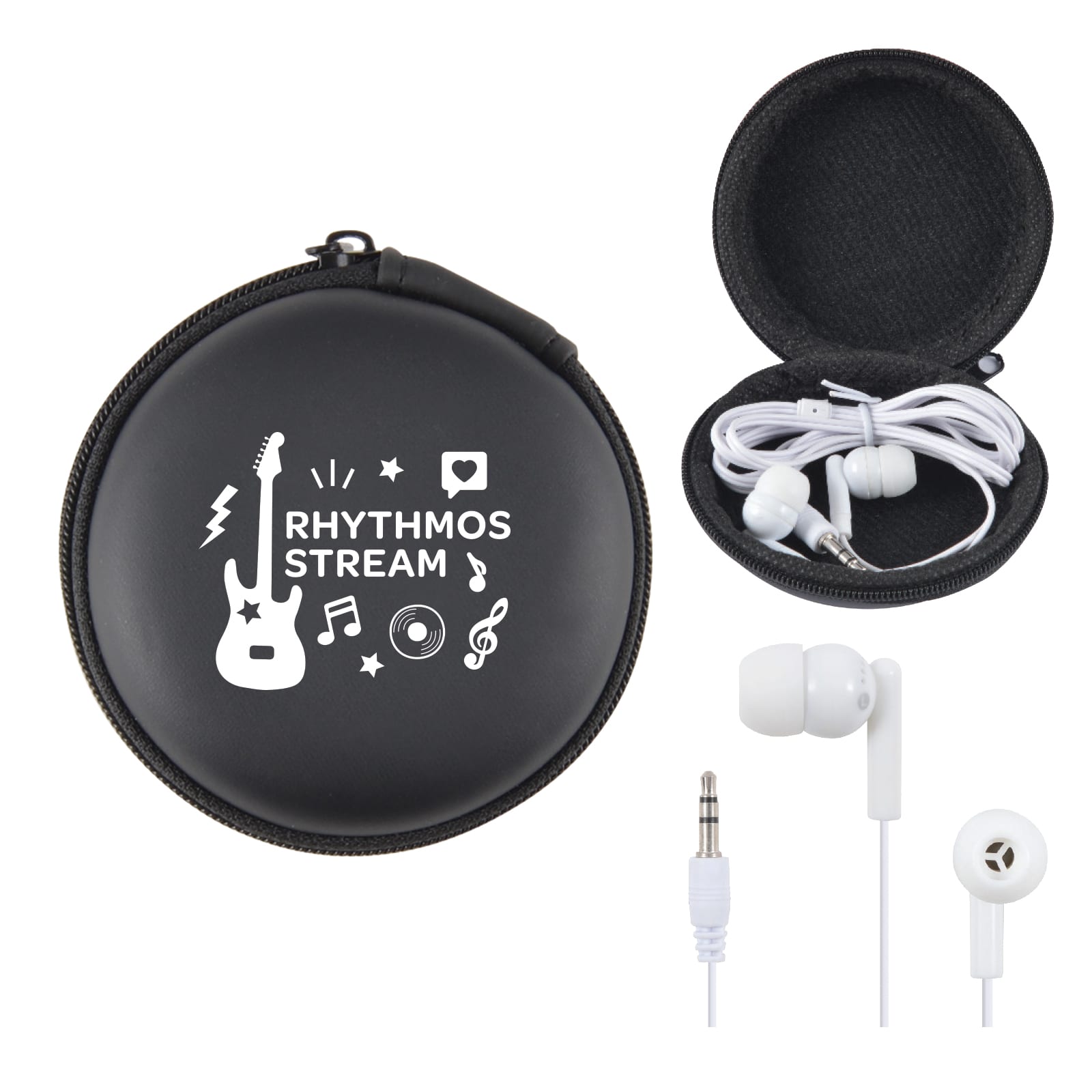 A black carrying case with white branding, containing a pair of white earbuds and a headphone jack. Forte Earbud Set - Image 1
