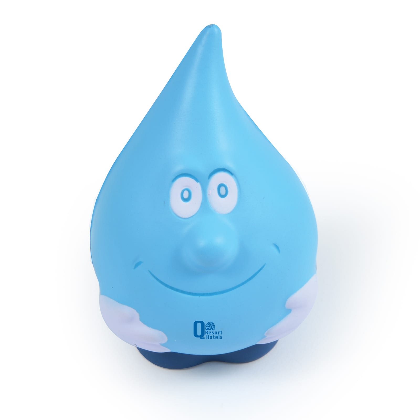 A blue water drop stress reliever with a smiling face and cartoonish features. It has a logo on the base. Water Drop Stress Reliever - Image 1