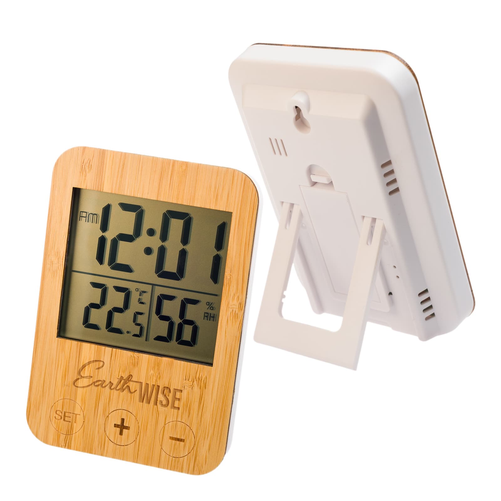 A weather station with a bamboo front, featuring a digital display for time, temperature, and humidity. Weather Station - Image 1