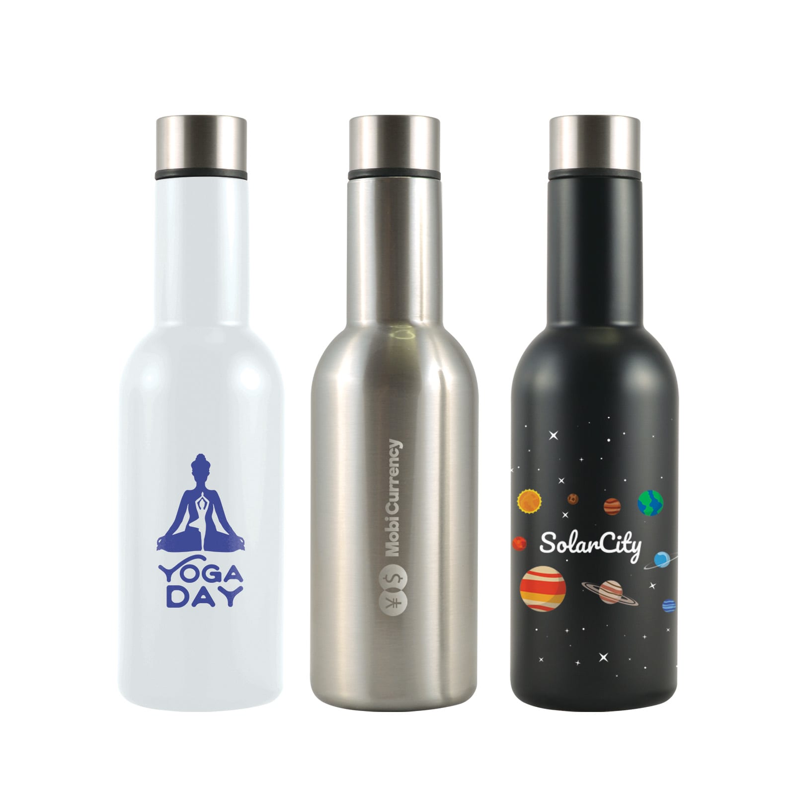 A drink bottle set featuring three designs: a white bottle, a stainless steel bottle, and a black bottle with space graphics. Barossa Vacuum Bottle - Image 1