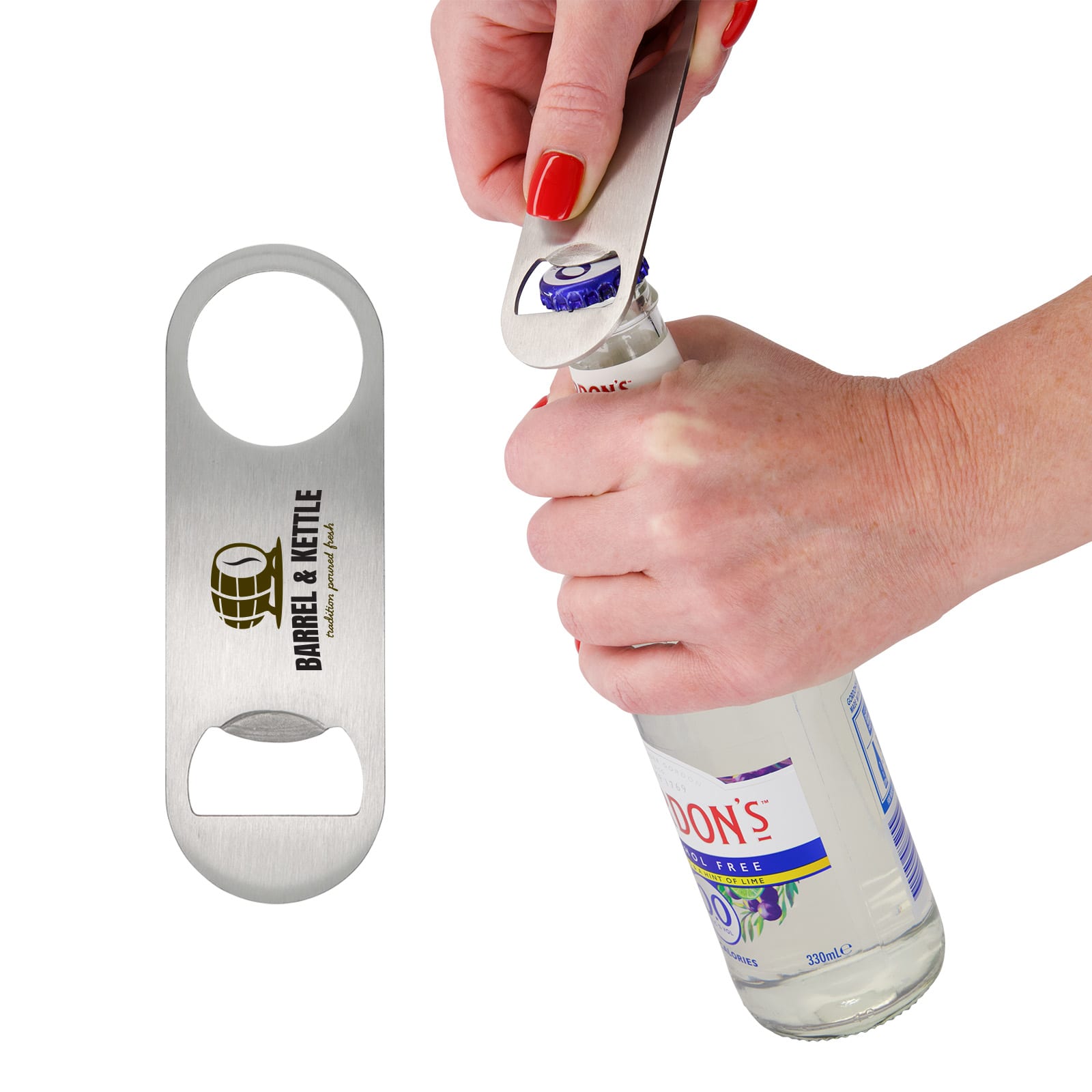 A drink bottle opener in silver is being used to open a bottle. It features a logo on the side. Wedge Bottle Opener - Image 1